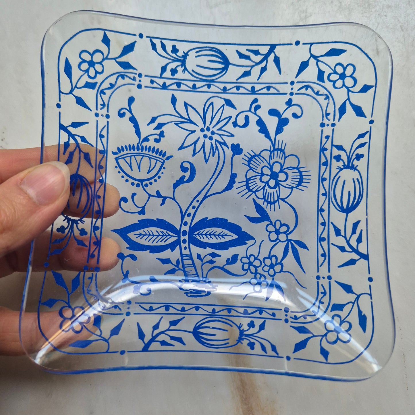 Wunderschöne Zwiebelmuster Retro Schale Ringschale Schmuckschale Vintage blau Glas