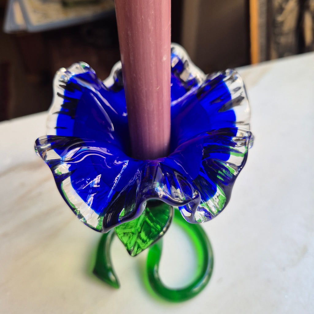 Vintage Murano Glaskunst Blume Kerzenhalter Blau