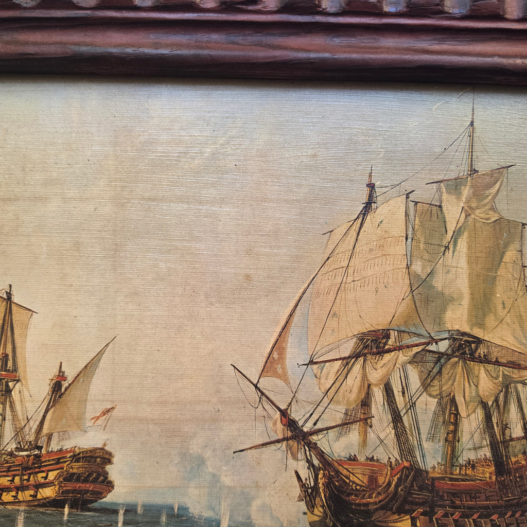 Vintage Maritimes Bild im Holzrahmen – Historische Seeschlacht mit Segelschiffen („Made in Spain“)
