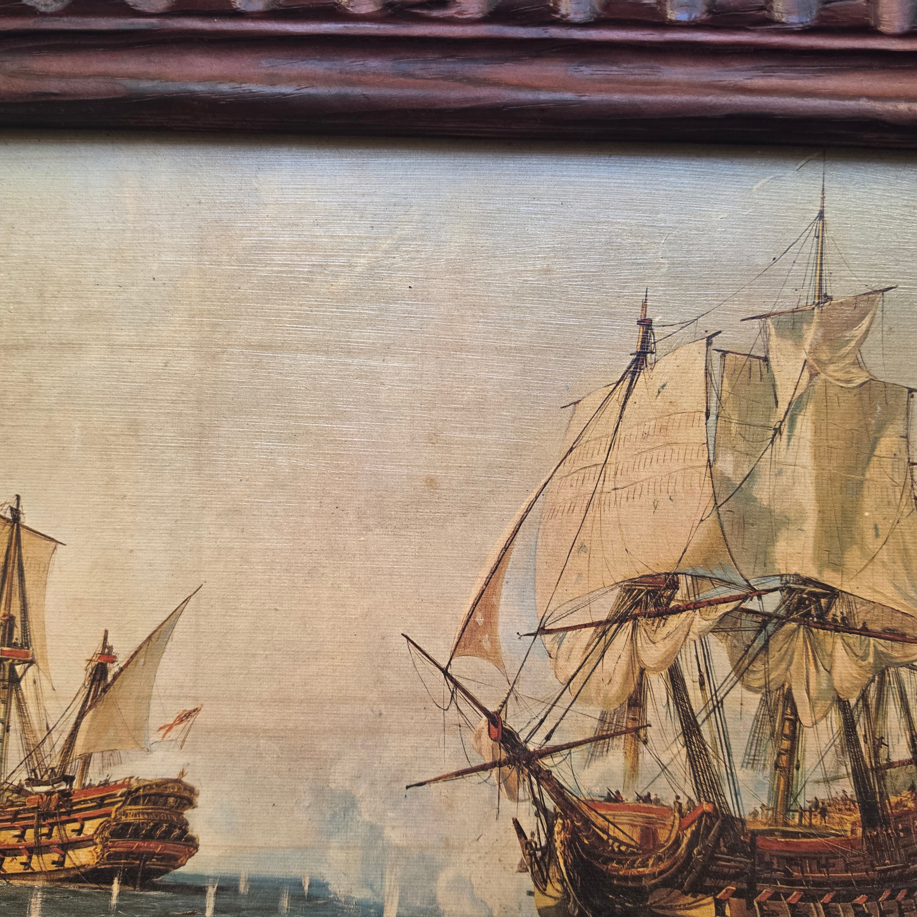 Vintage Maritimes Bild im Holzrahmen – Historische Seeschlacht mit Segelschiffen („Made in Spain“)
