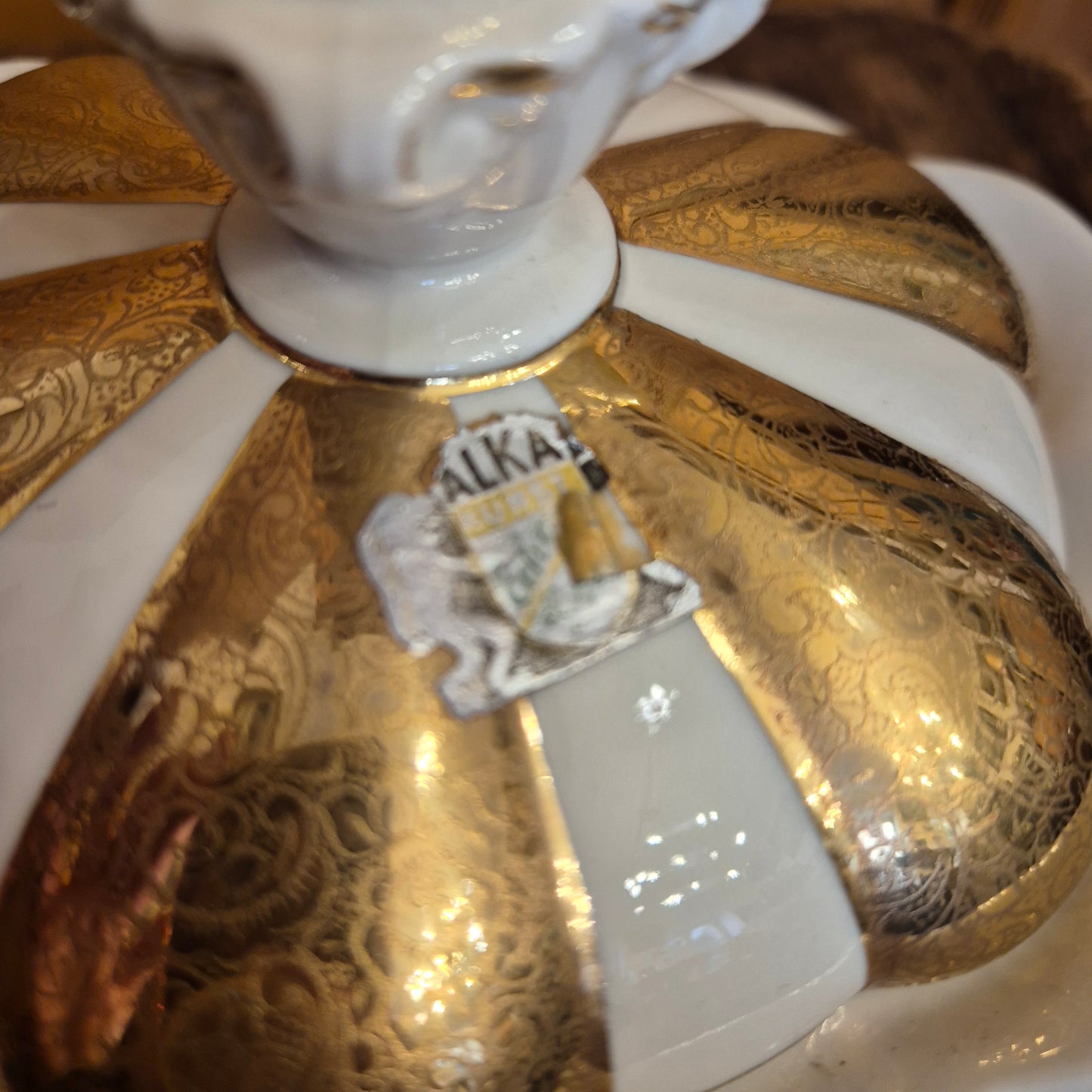 Große Antike Alka Kunst Kronach Marion Deckeldose Porzellan Zuckerdose Keksdose Gold Weiß