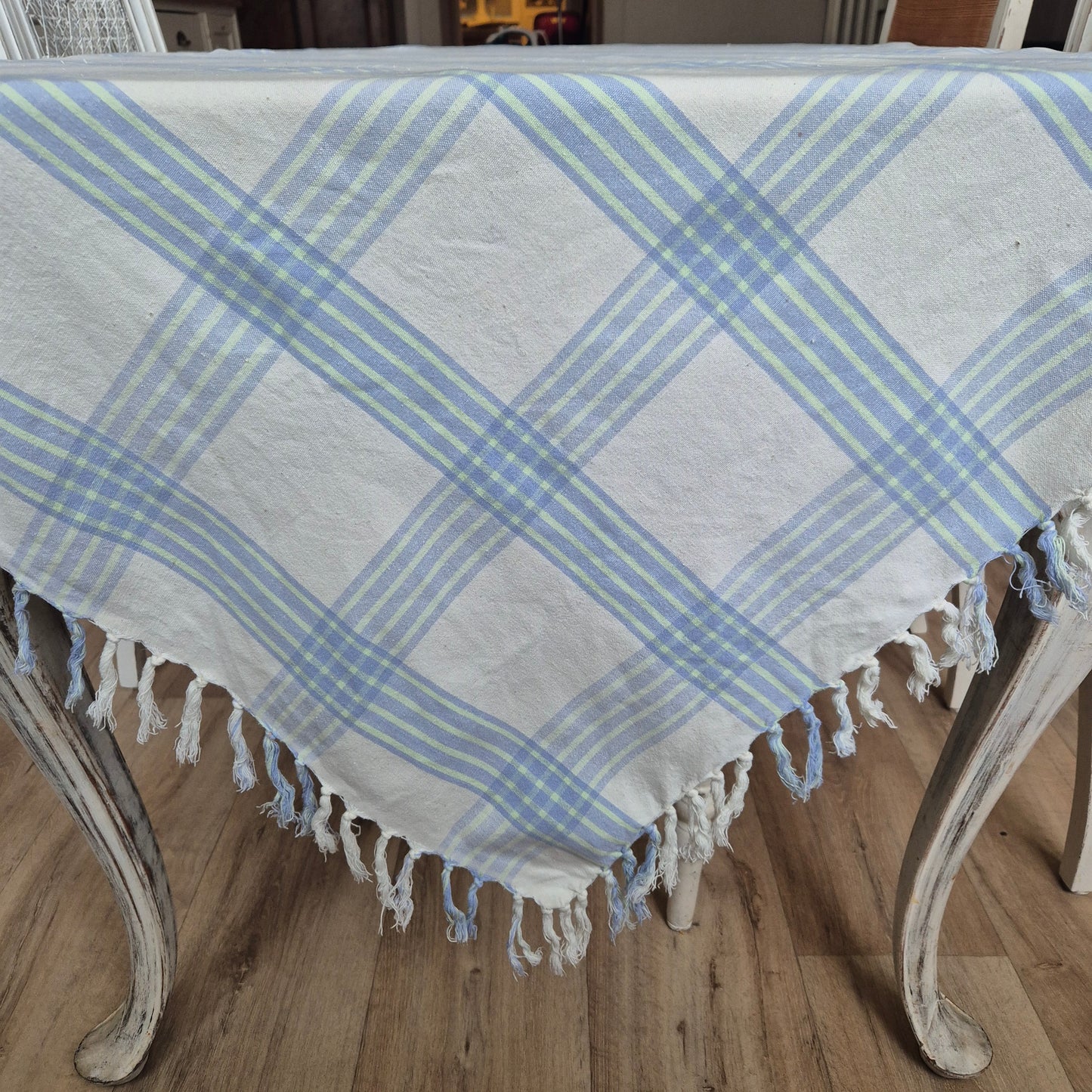 Vintage Karo Tischdecke grün blau Baumwolle 165x165cm