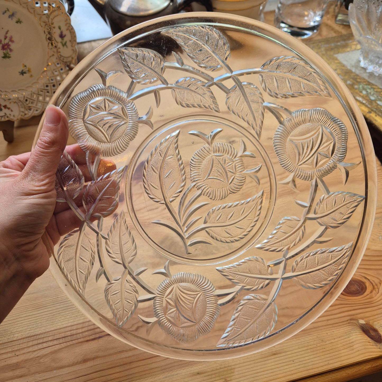 Alte Vintage Kristall Glas Schale Teller Obstschale Deko Blumen Rosen Obstteller