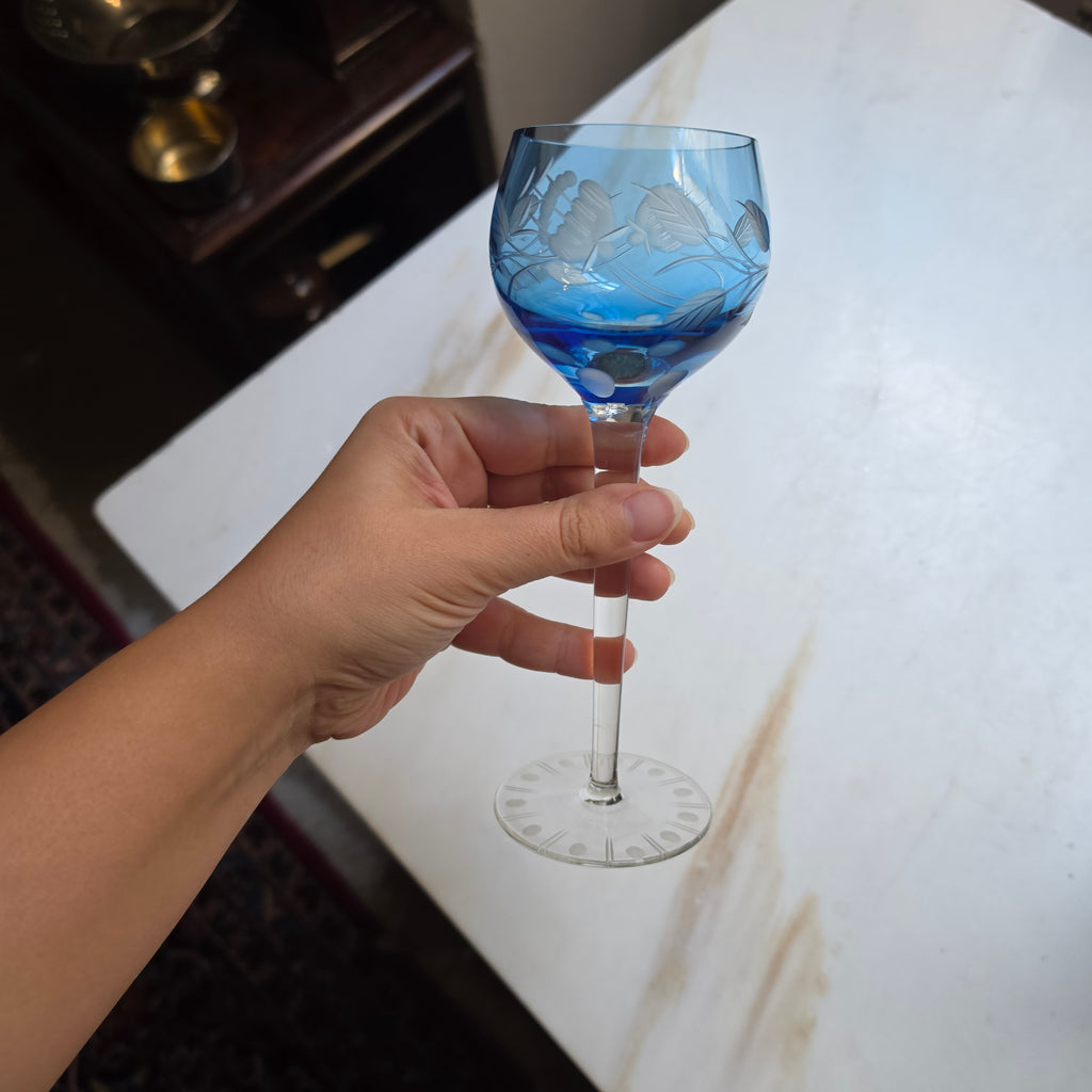 Edles Vintage Römer-Glas aus Kristall - Handgeschliffen in Blau & Transparent - Eleganter Stil-Pokal
