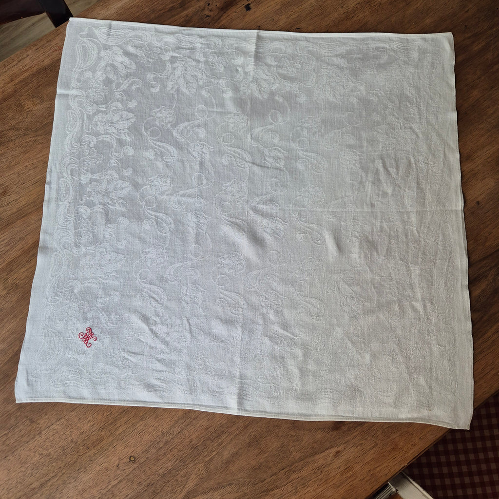 Antike Jugendstil Serviette Damast Baumwolle Monogramm F.W. weiß
