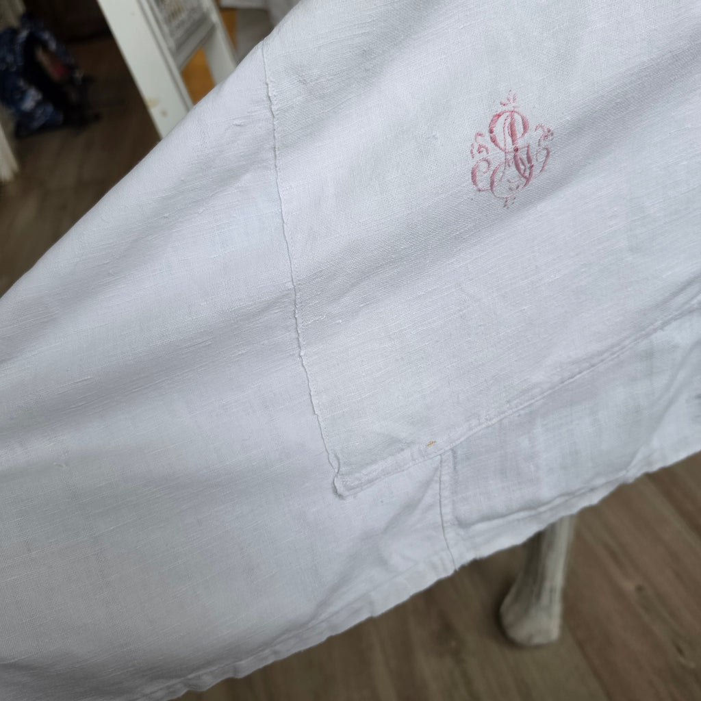 Antike Leinentischdecke mit Monogramm & Charme - Shabby Chic - Wabi-Sabi - 215x140cm