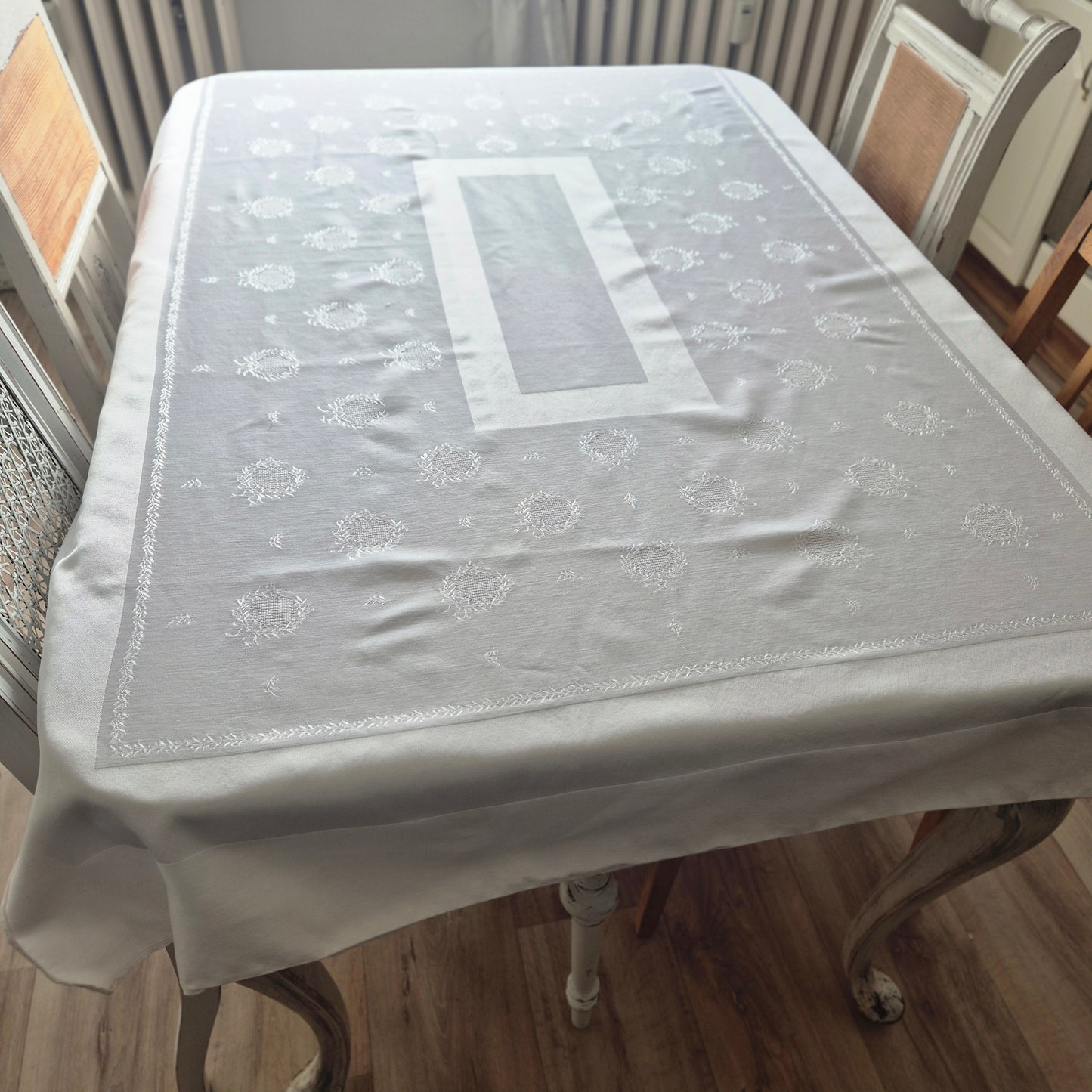 Vintage Tischdecke Damast weiß 105x150cm Art Jugendstil