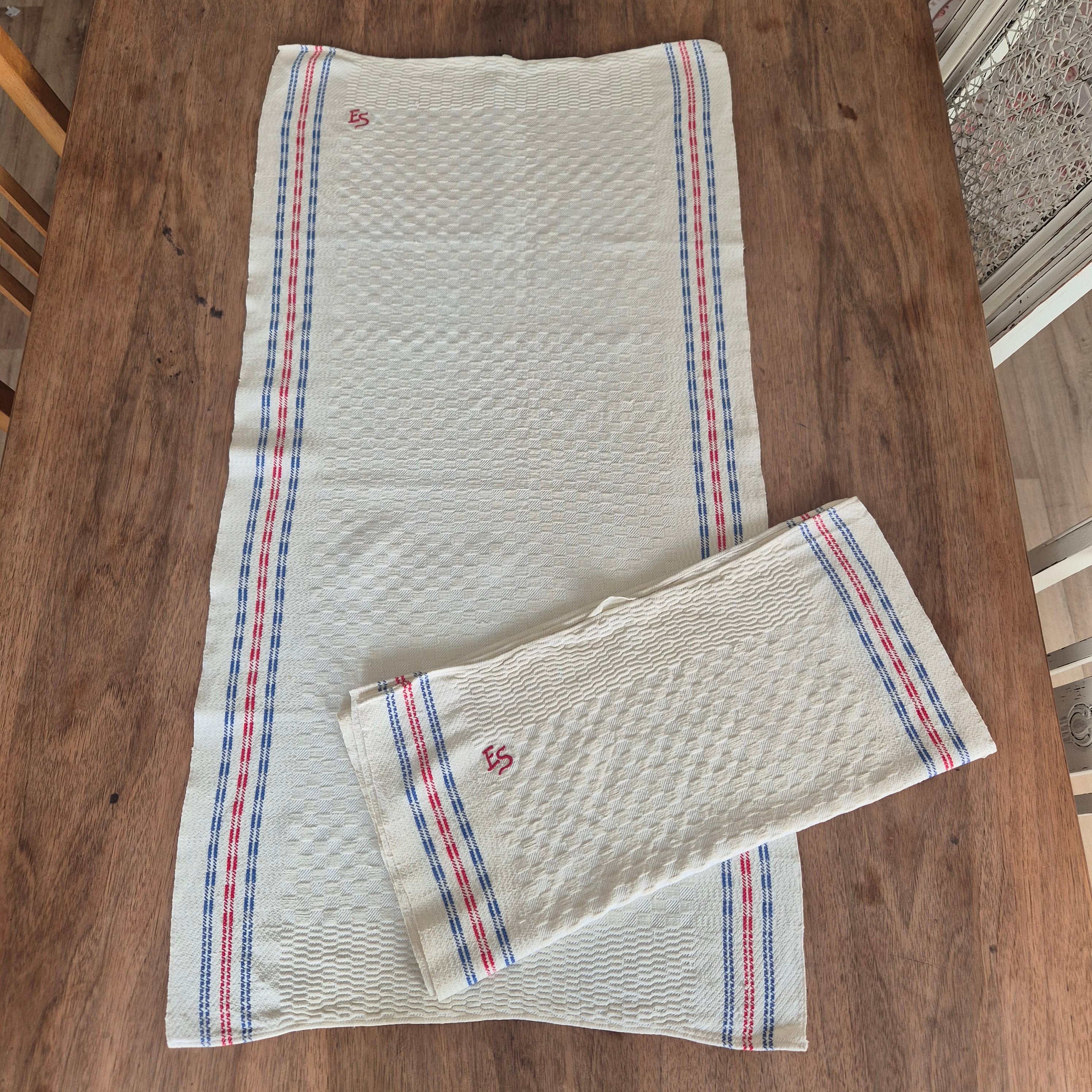 2x Antike Leinen Küchen-& Geschirrtücher Monogramm E.S. 45x90cm