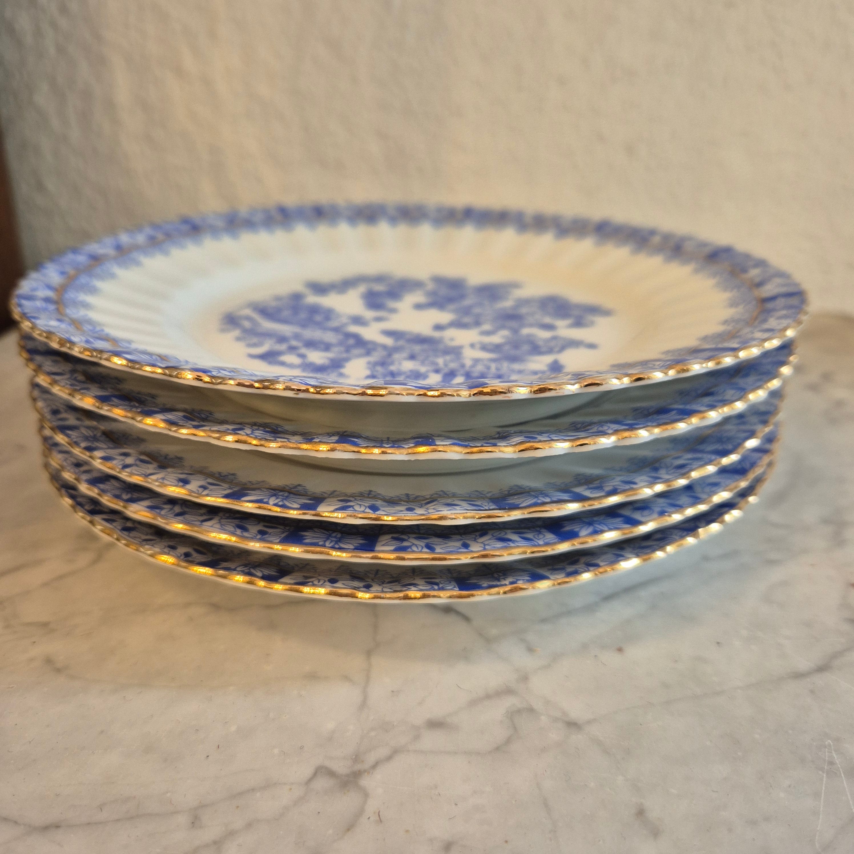 5x Antike Kuchenteller Echt Tuppack China Blau Tiefenfurt Blau Weiß & Rosslau
