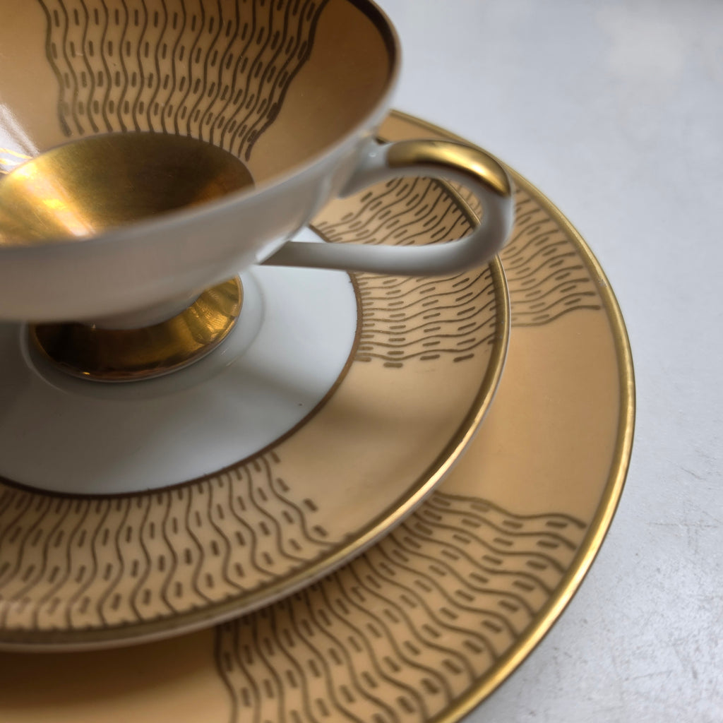 Elegantes Vintage Bavaria Porzellan Kaffeeset - Gold-Beige mit Wellenmuster - 3-teilig