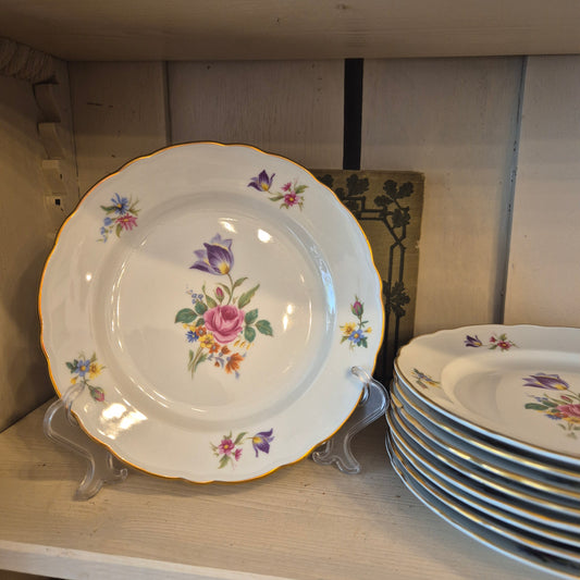 9x Antike Bavaria Porzellan Kuchenteller mit Blumenmotiv Goldrand