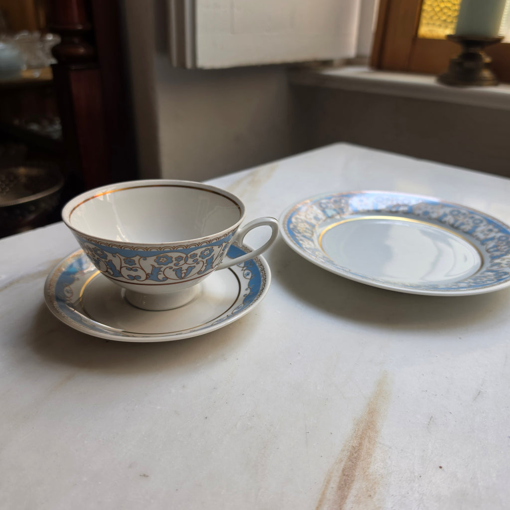 Antikes Teegedeck 3-teilig – CP Lettin Porzellan mit blauer Ornamentik & Goldrand