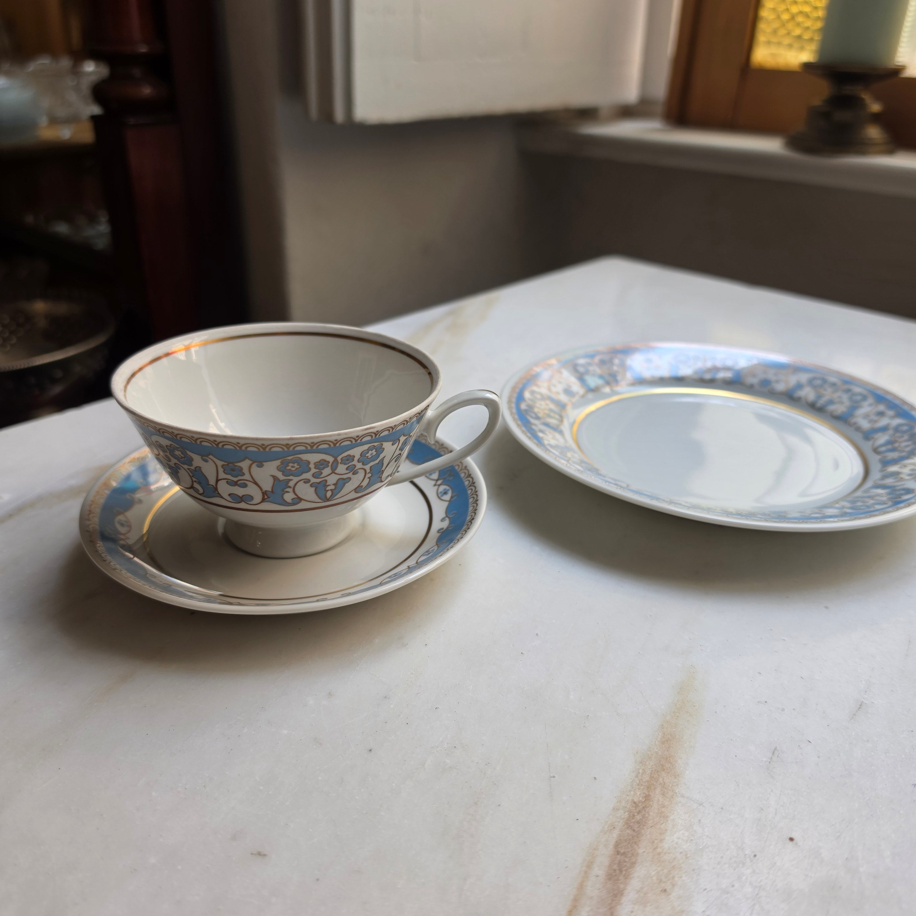 Antikes Teegedeck 3-teilig – CP Lettin Porzellan mit blauer Ornamentik & Goldrand