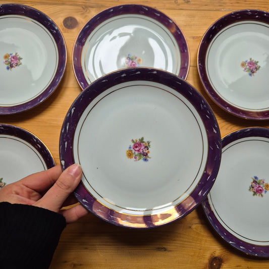 6x Antike Kuchenteller Blumendekor weiß mit lila Goldrand