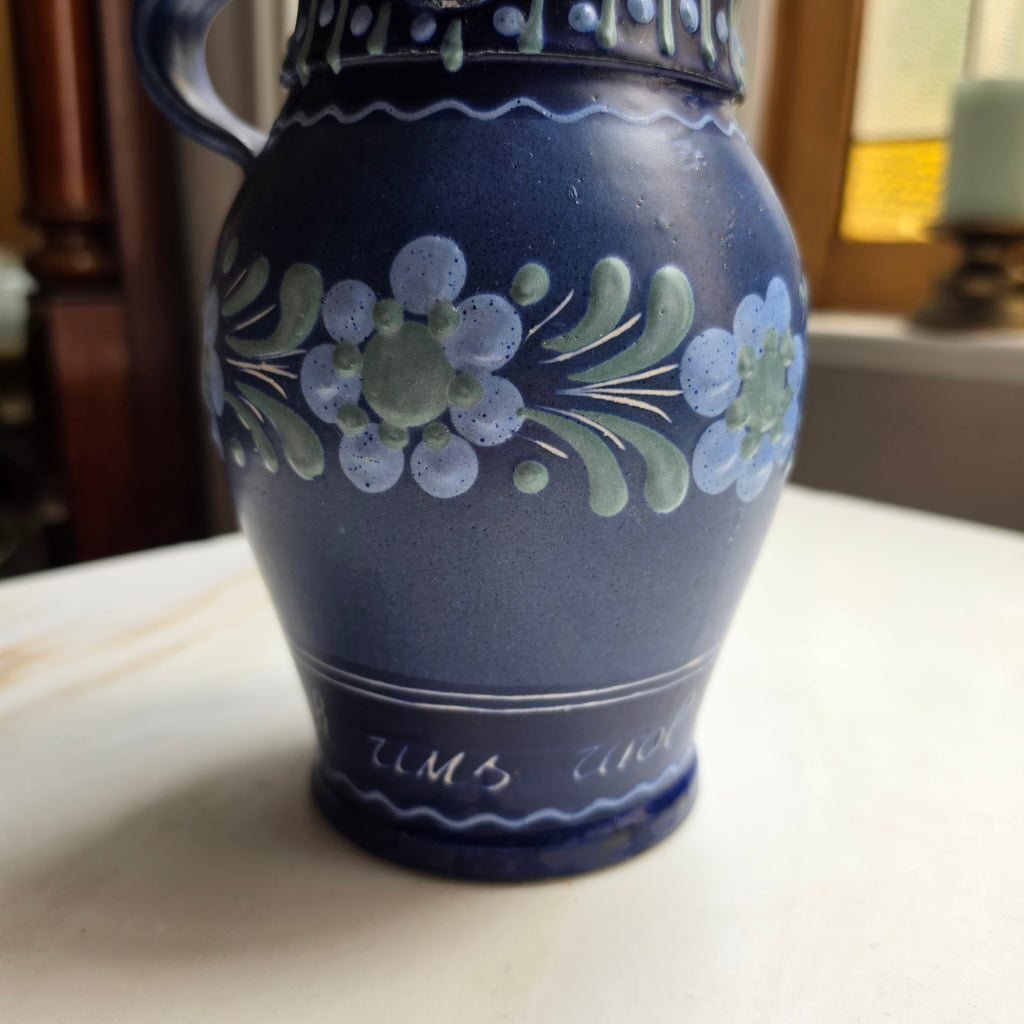 Antike wunderschöne blaue Vase mit Henkel Krug Handbemalt Blumen