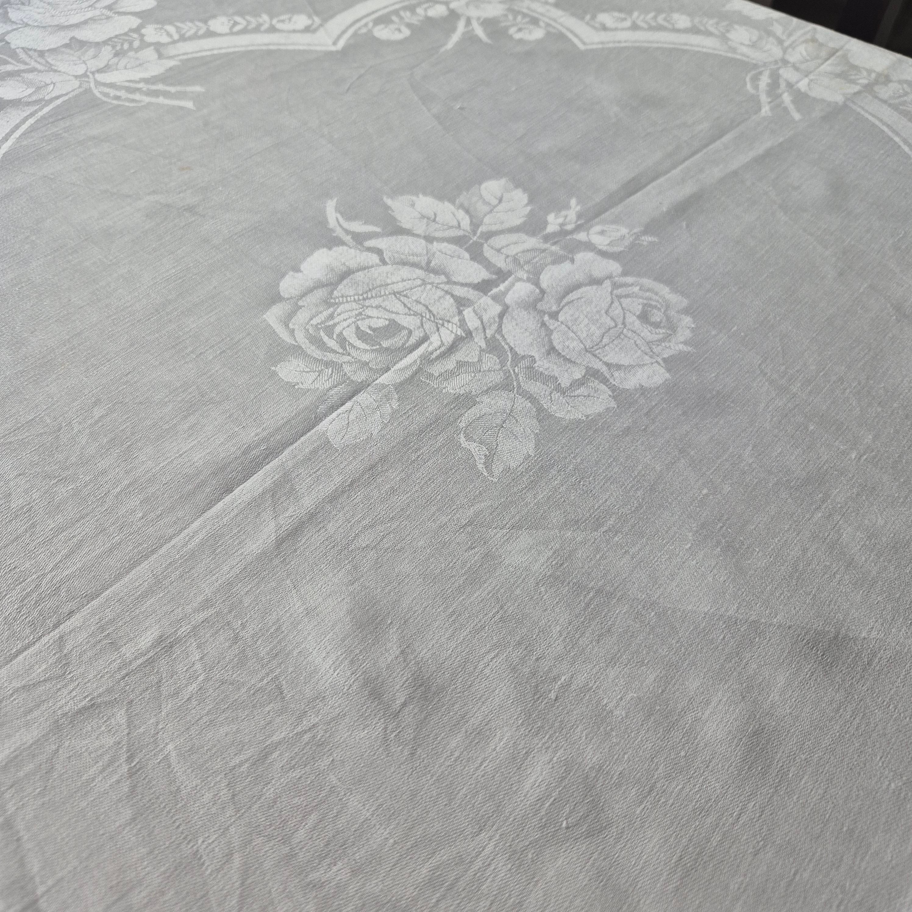 Antike Jugendstil Damast Baumwolle Tischdecke Weiß 160x160cm Rosenmuster