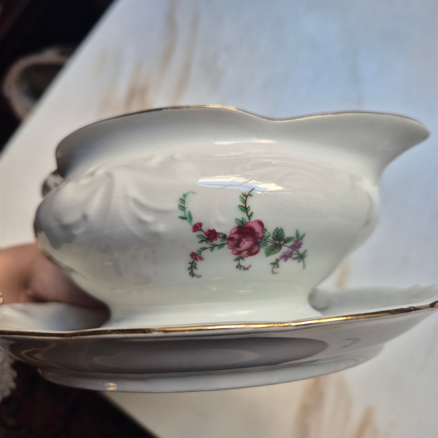 Antike Porzellan Sauciere weiß mit Blumendekor Wawel Polen