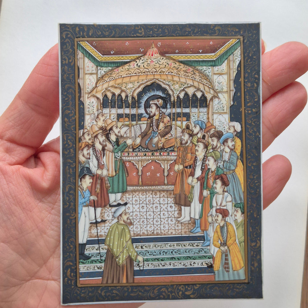 Antike Mogul Miniatur Gemälde Handarbeit König Shamjahan Taj Mahal Gericht Szene