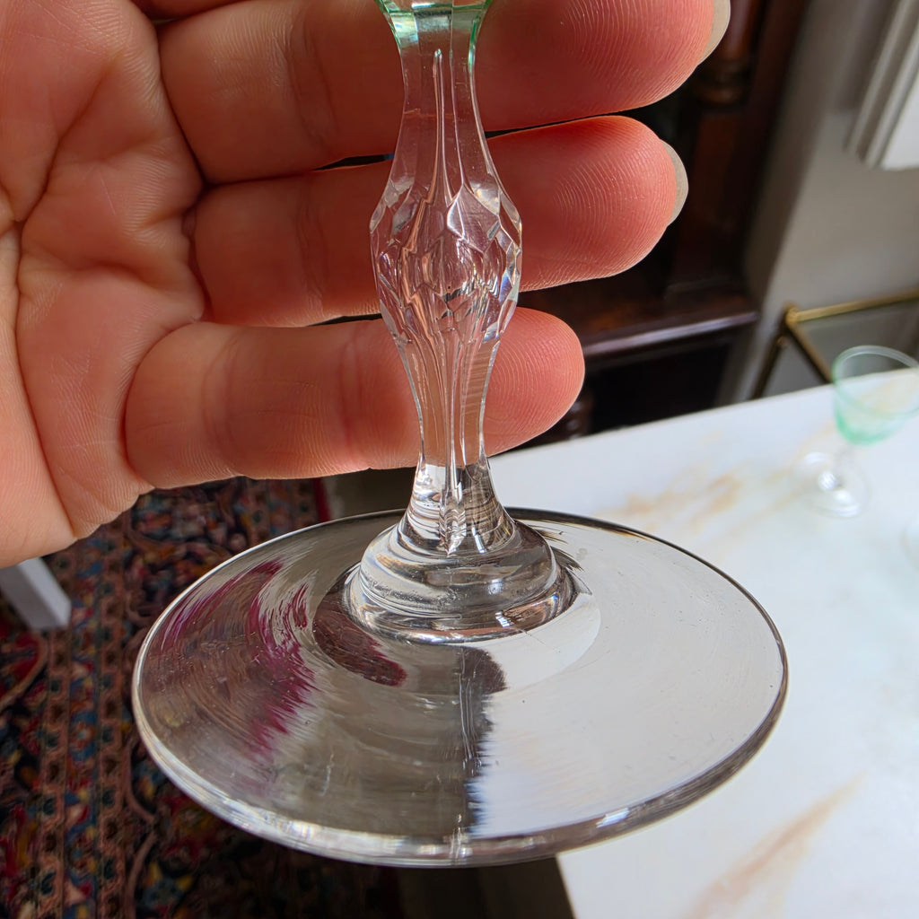Jugendstil Likörgläser / Schnapsgläser Set (7-teilig) – Urangrün - Hellgrün mit Linsenschliff & Balusterstiel