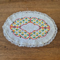 Antikes kleines Zierdeckchen weiß gehäkelt geklöppelt bestickt Baumwolle 27x19cm oval