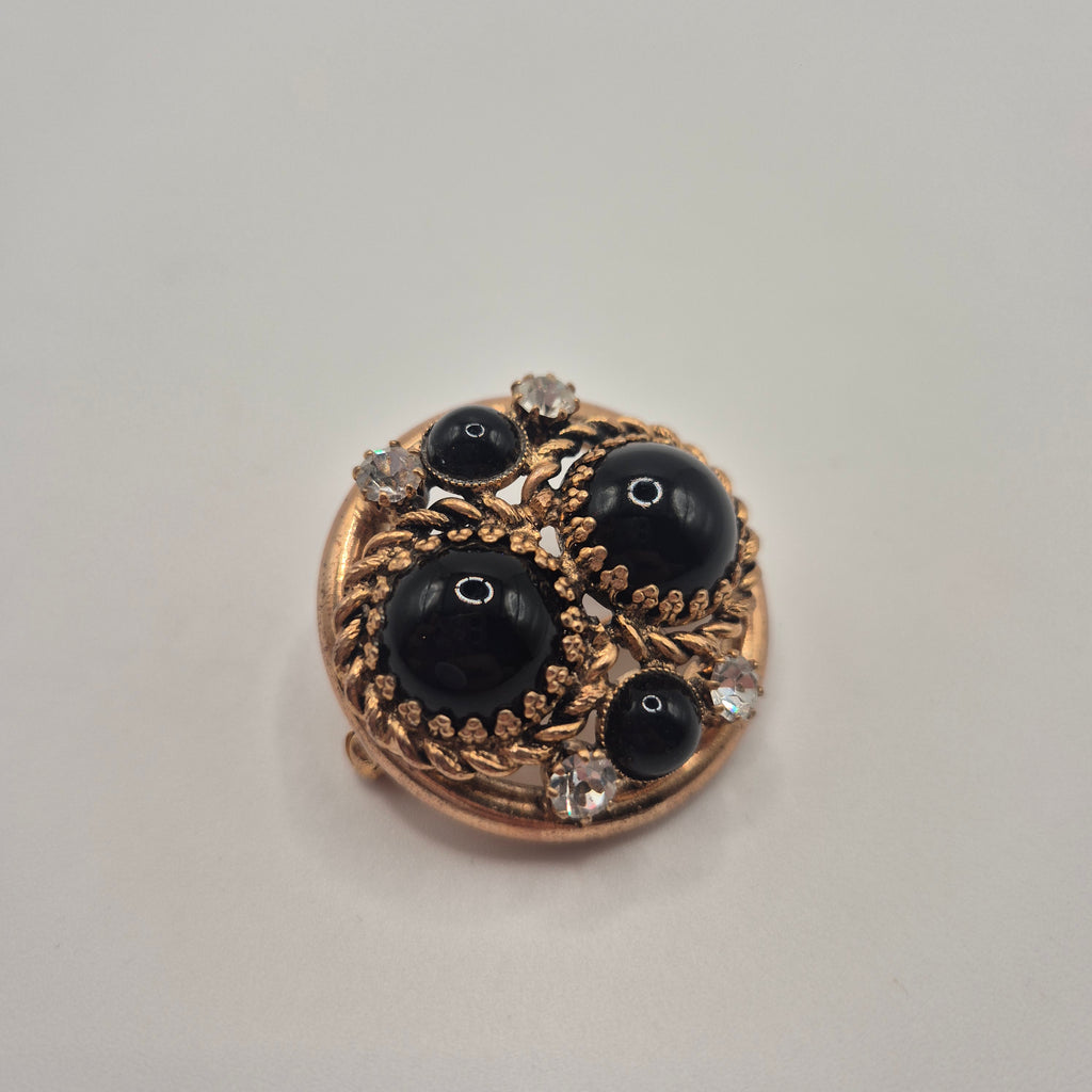 Vintage Brosche 50er Jahre gold schwarz Strassseine rund edel