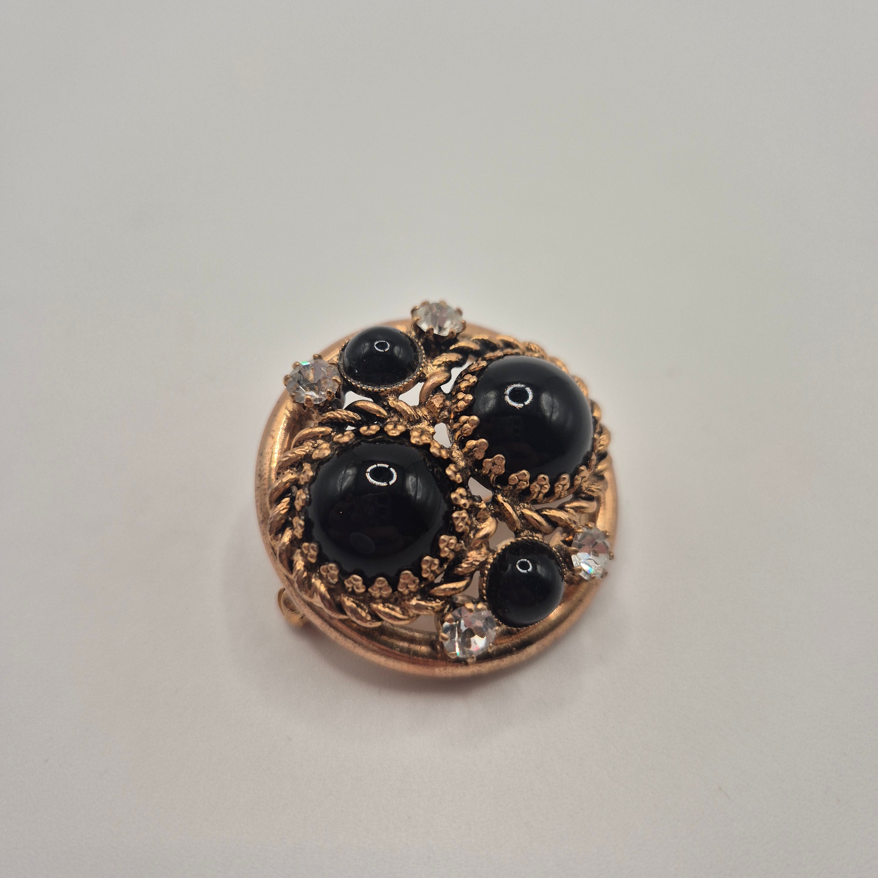 Vintage Brosche 50er Jahre gold schwarz Strassseine rund edel