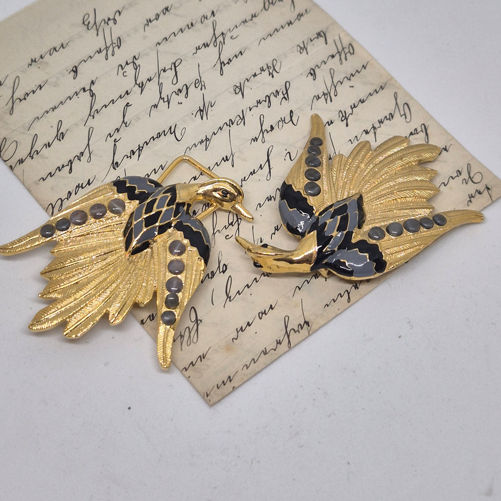 Vintage Gürtelschnalle 2-Teilig Trachtenschnalle Taillengürtel aus den 80ern-Handmade aus Berlin gold grau Schwan Kranich Vogel