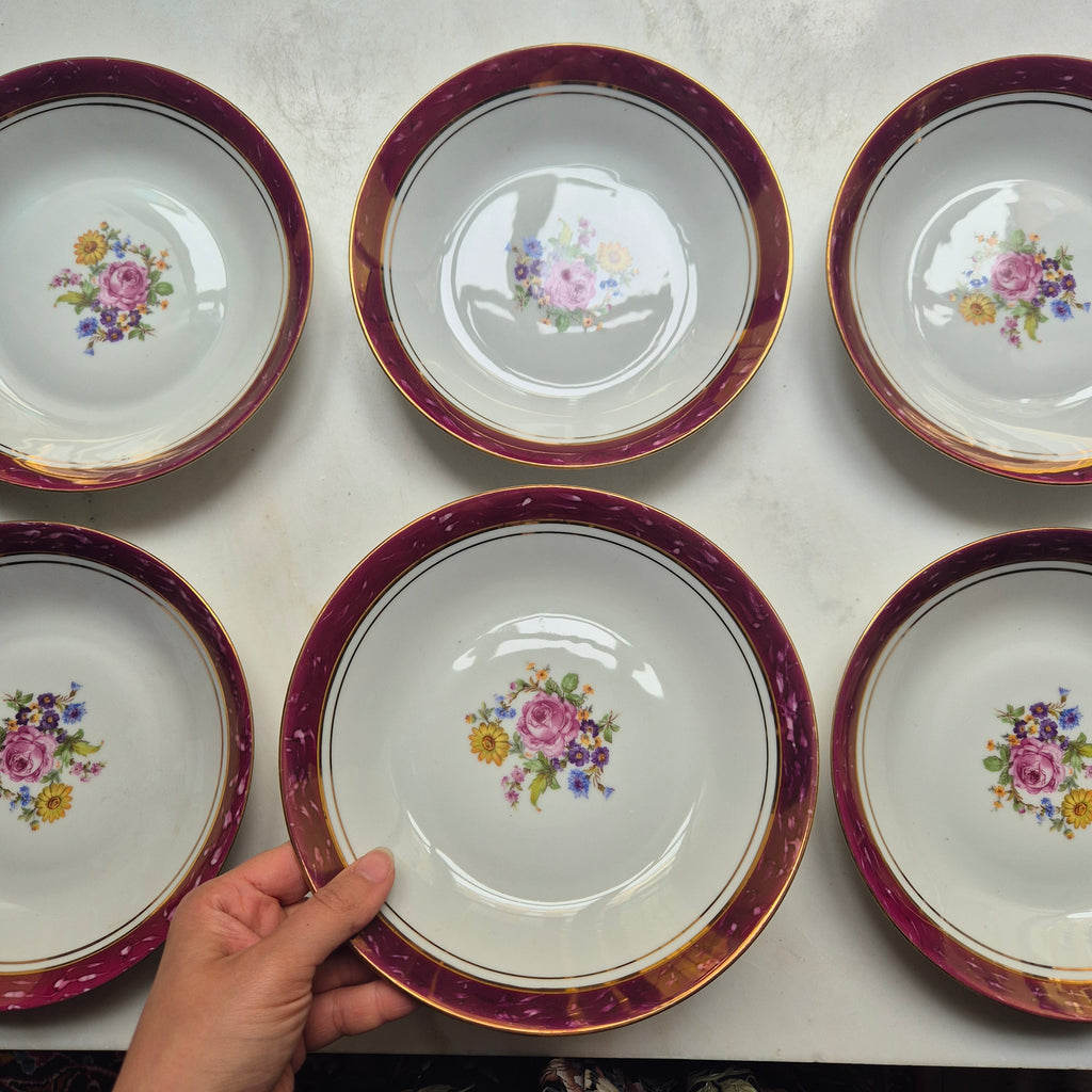 6x Antike tiefe Speiseteller Blumendekor weiß mit lila Goldrand