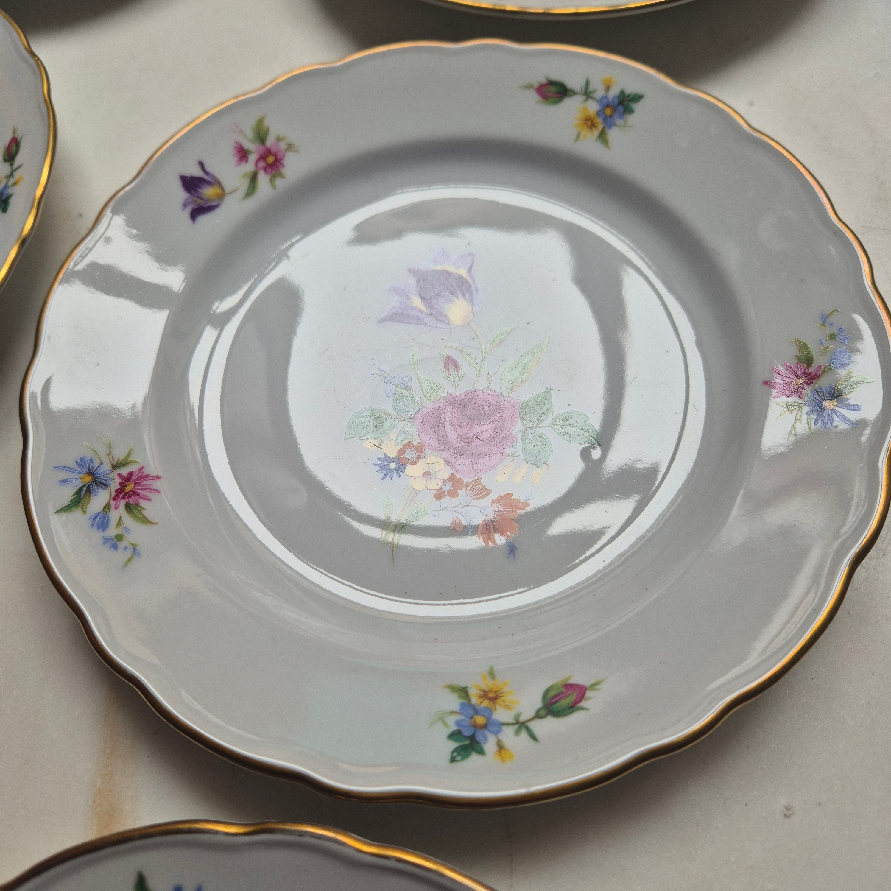 9x Antike Bavaria Porzellan Kuchenteller mit Blumenmotiv Goldrand