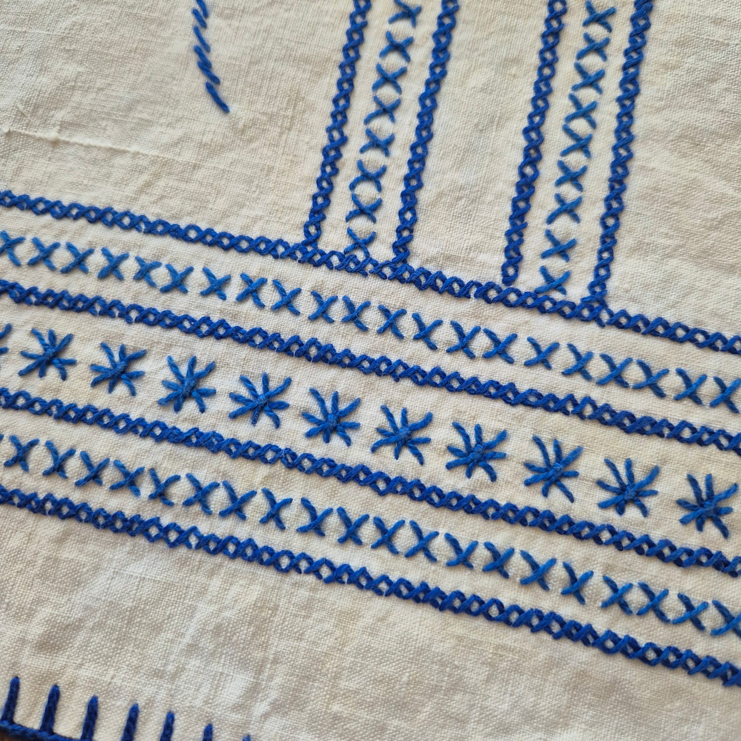 Antike handgemachte Vintage Teehaube Baumwolle/Leinen blau weiß 35x35cm Mini Stockflecken