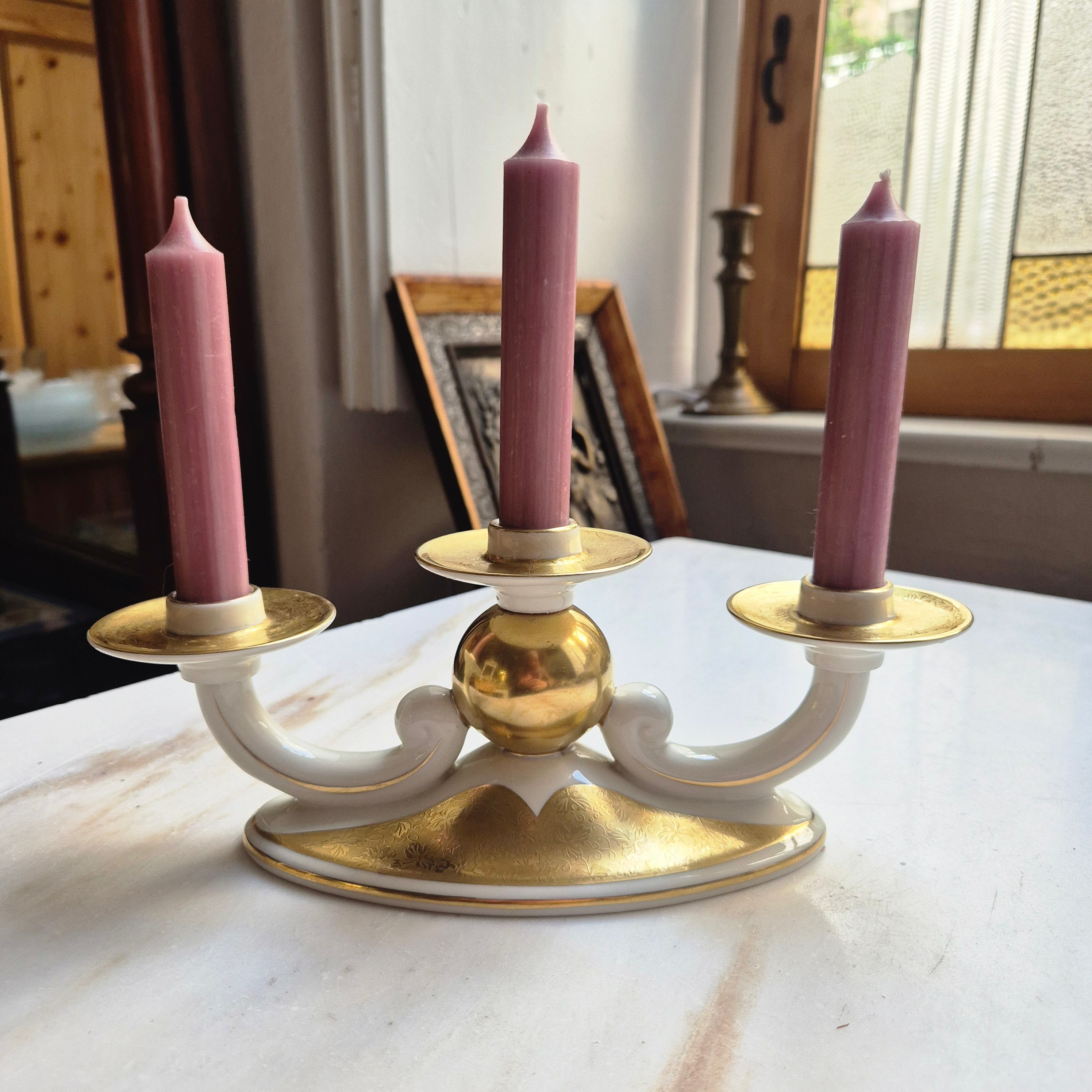 Alka Kunst Bavaria Rheingold - 3 armiger Kerzenständer - Porzellan mit Goldakzenten