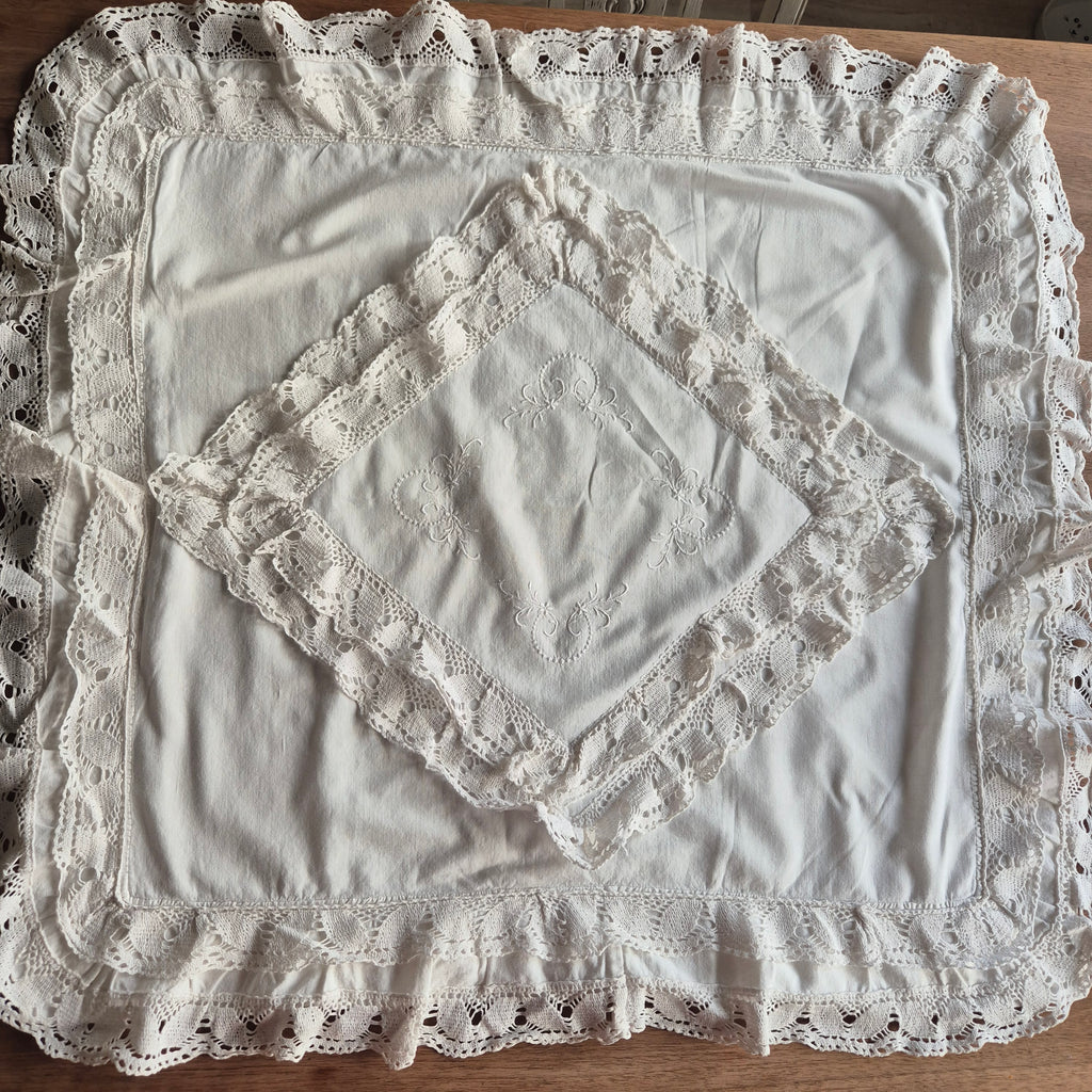 Antiker großer Jugendstil Kopfkissenbezug mit Häkelspitze 70x80cm Baumwolle weiß