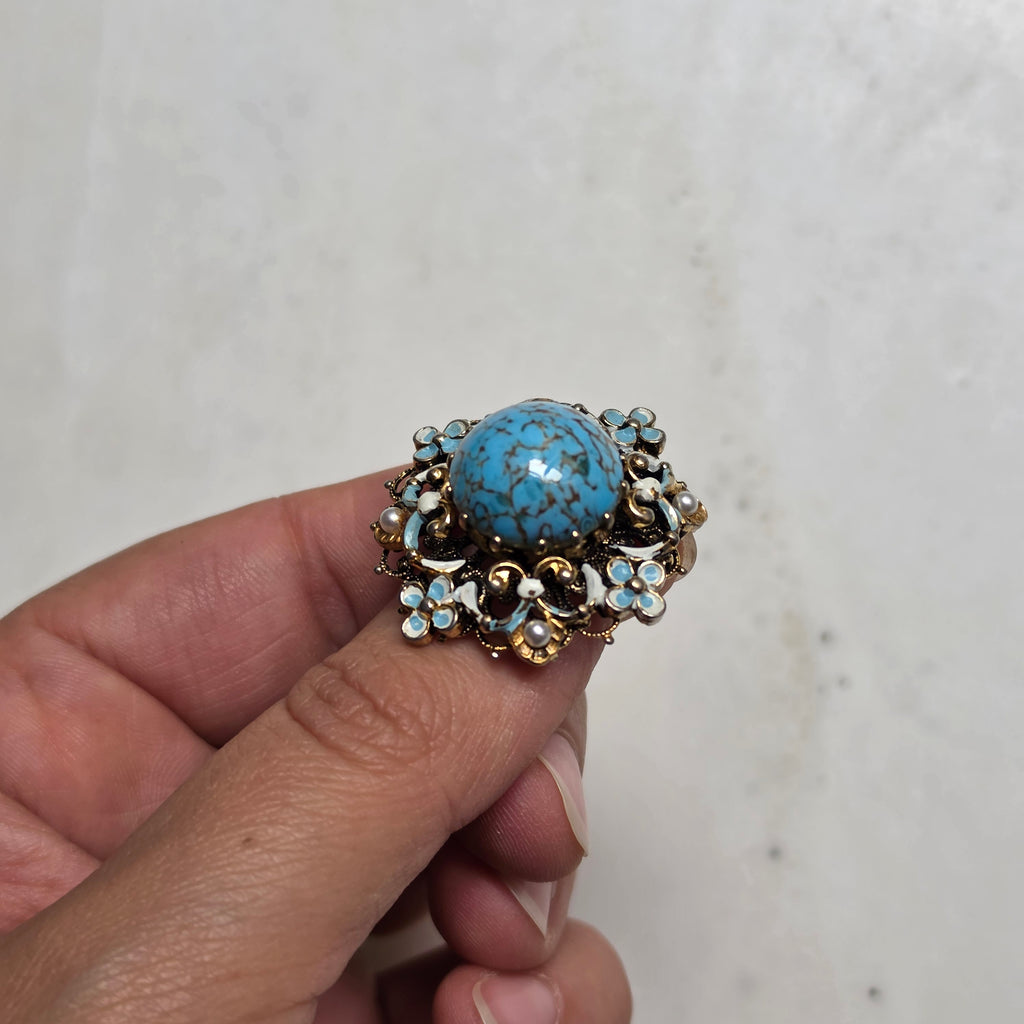 Vintage-Stil Brosche mit Türkis-Imitat, Emaille und Perlen