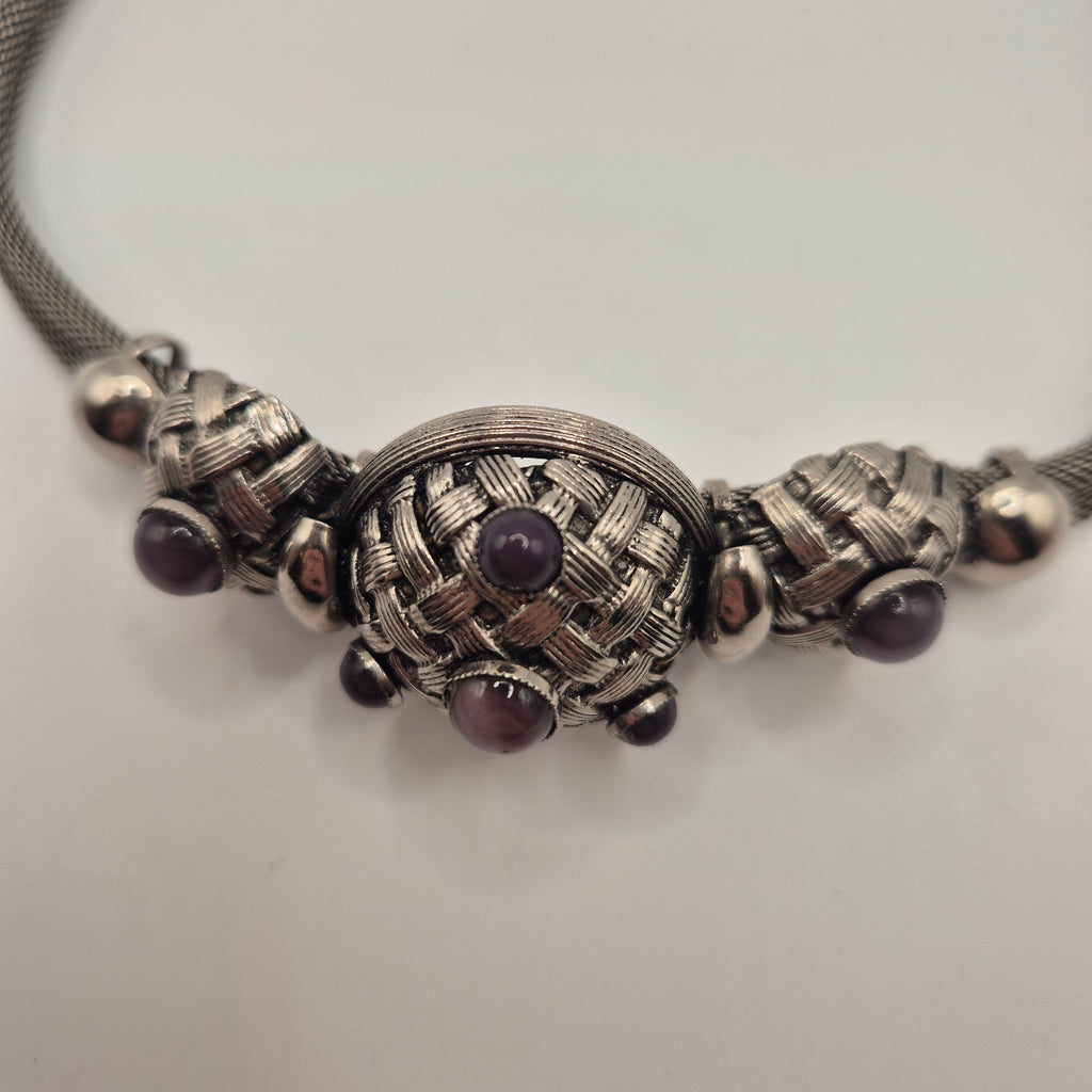 Vintage 80er Jahre Mesh Chocker Silberfarbend mit Lila Stein Cabochon Stil
