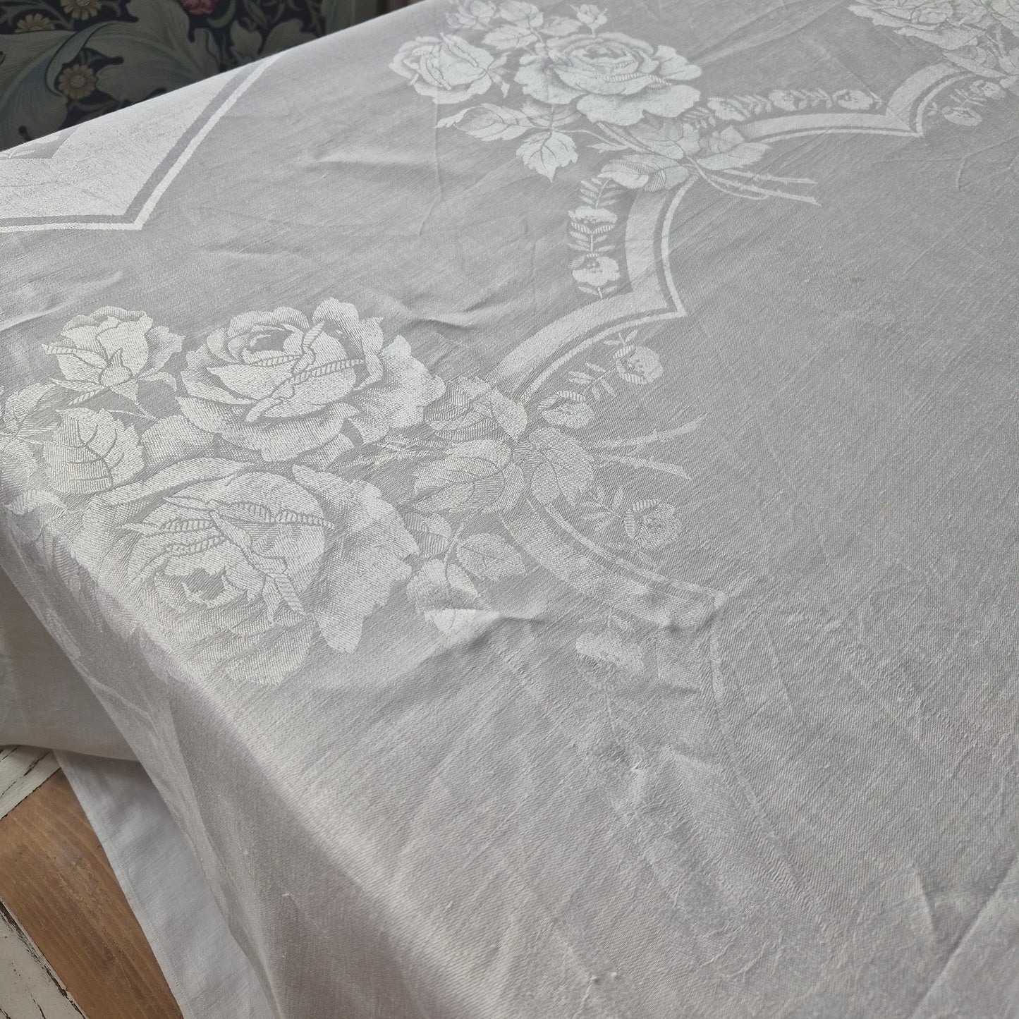 Antike Jugendstil Damast Baumwolle Tischdecke Weiß 160x160cm Rosenmuster