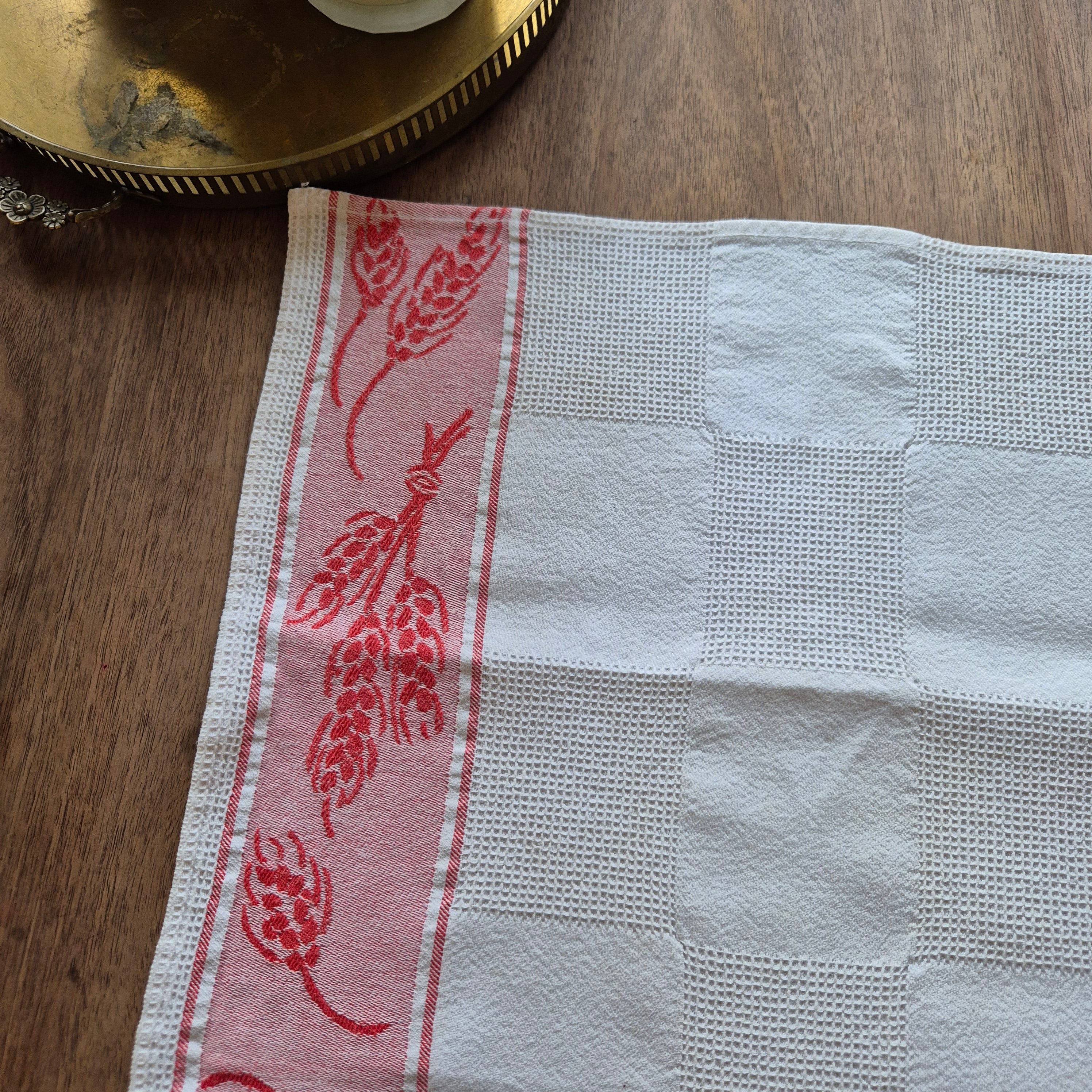 Antikes Jugendstil Küchen-& Geschirrhandtuch weiß rot Leinen 66x44cm Weizenmotiv Getreide ♡