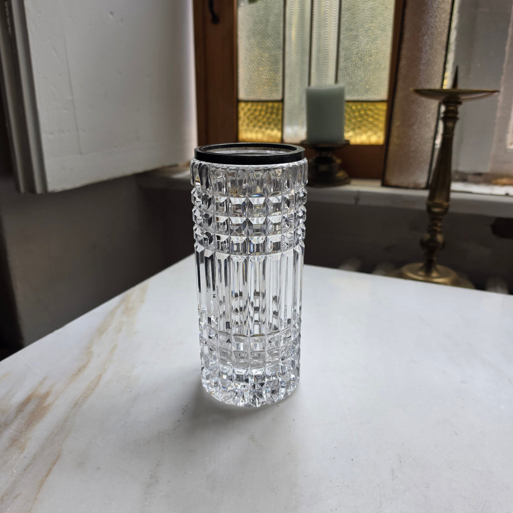 Vintage Kristallvase mit gestempeltem 925 Sterling Silber Rand – Facettenschliff – Top Zustand