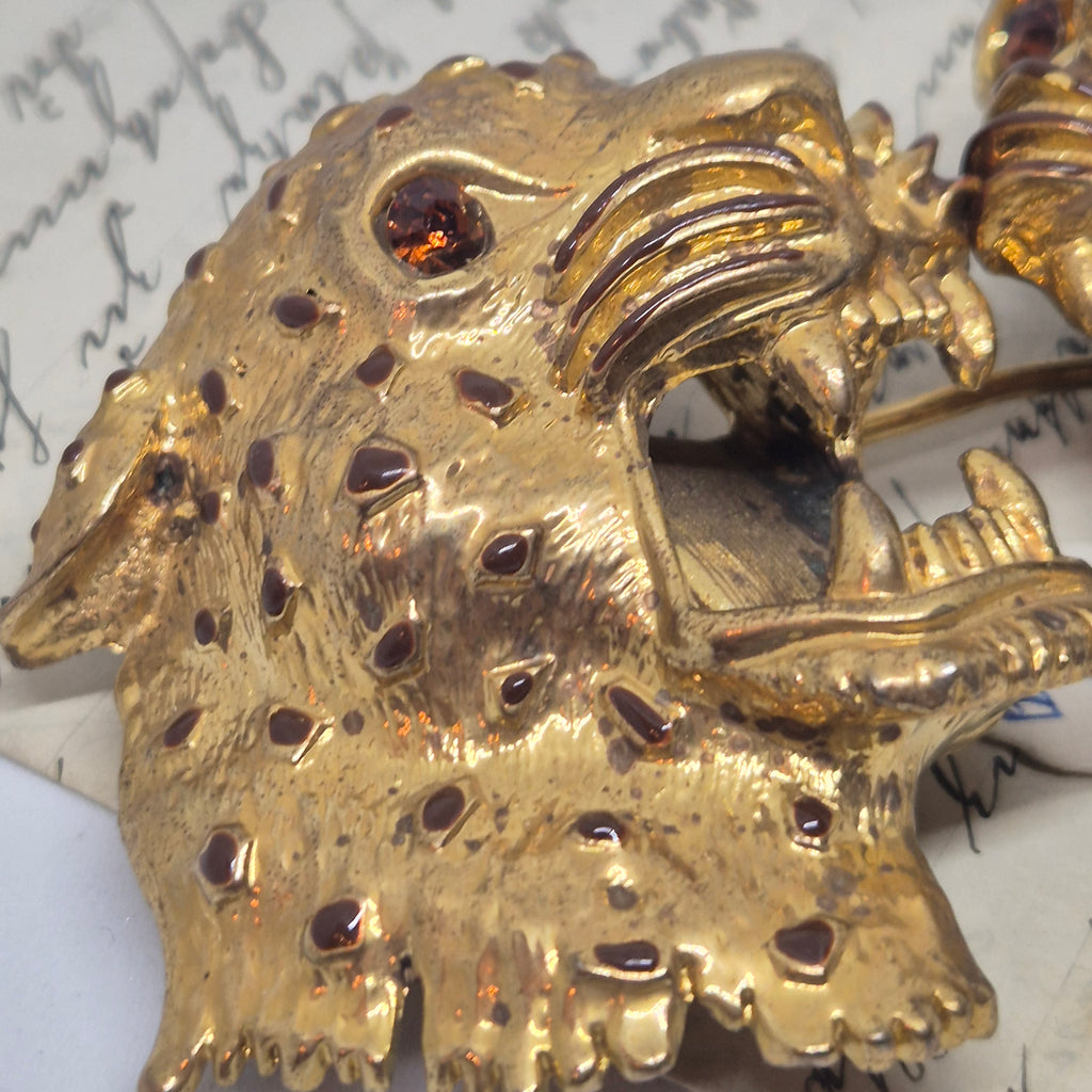 Große Vintage Gürtelschnalle 2-Teilig Trachtenschnalle Taillengürtel aus den 80ern-Handmade aus Berlin gold braun Gepard Leoparden Kopf