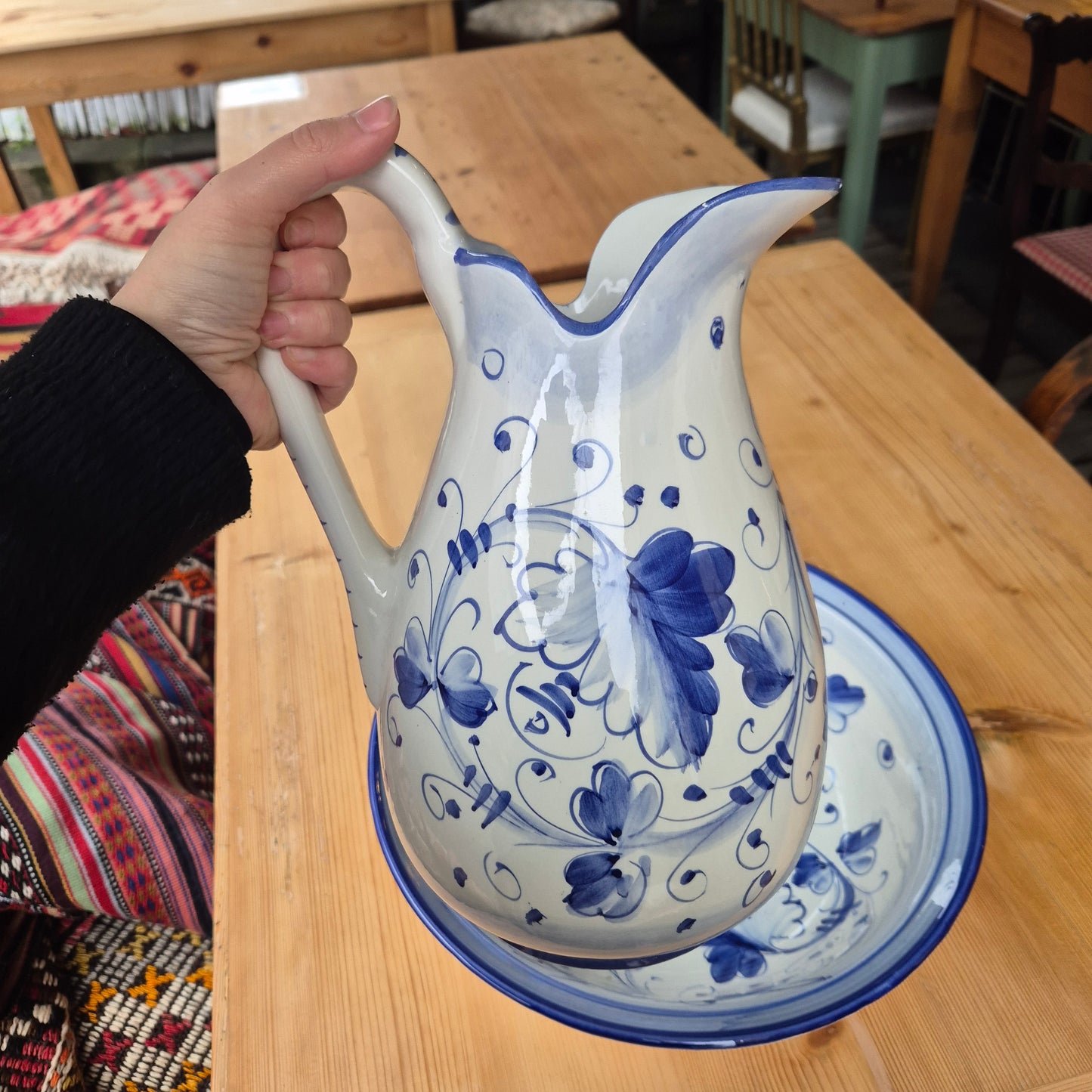 Vintage Krug mit Waschschüssel Keramik blau weiß