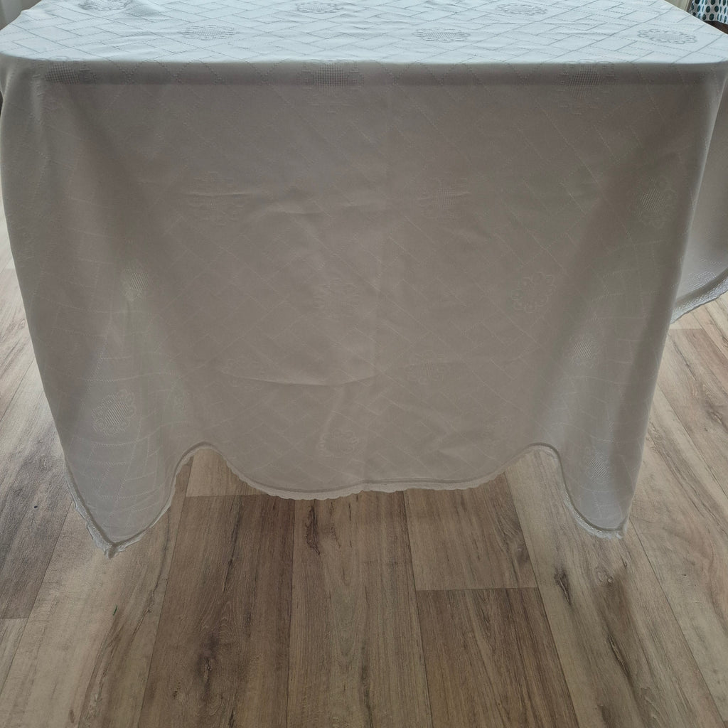 Antike große Tischdecke Baumwolle mit geklöppeltem Rand weiß 120x335cm Tafel lang 🤍