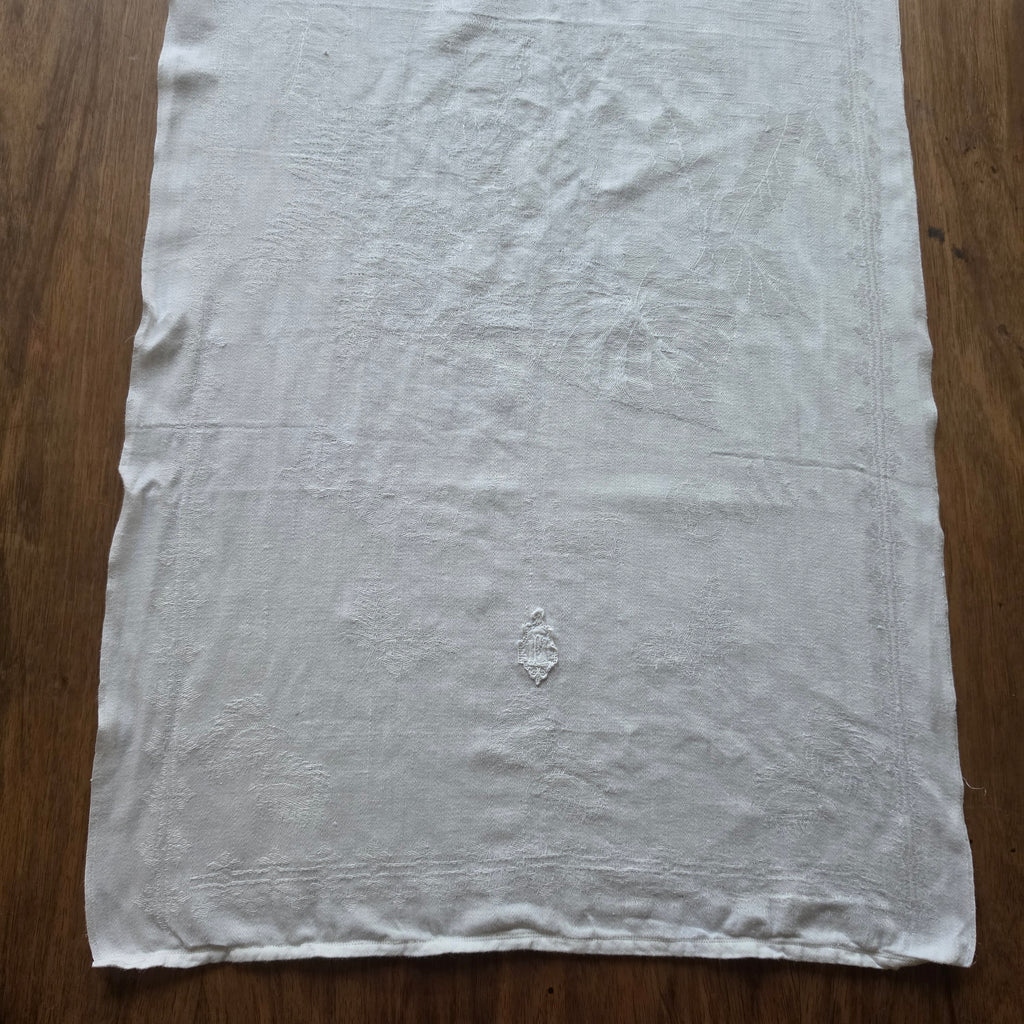 Antikes Jugendstil-Damast-Geschirrtuch - Handtuch – „Behüt dich Gott“ & Jägermotiv - 110 x 48cm