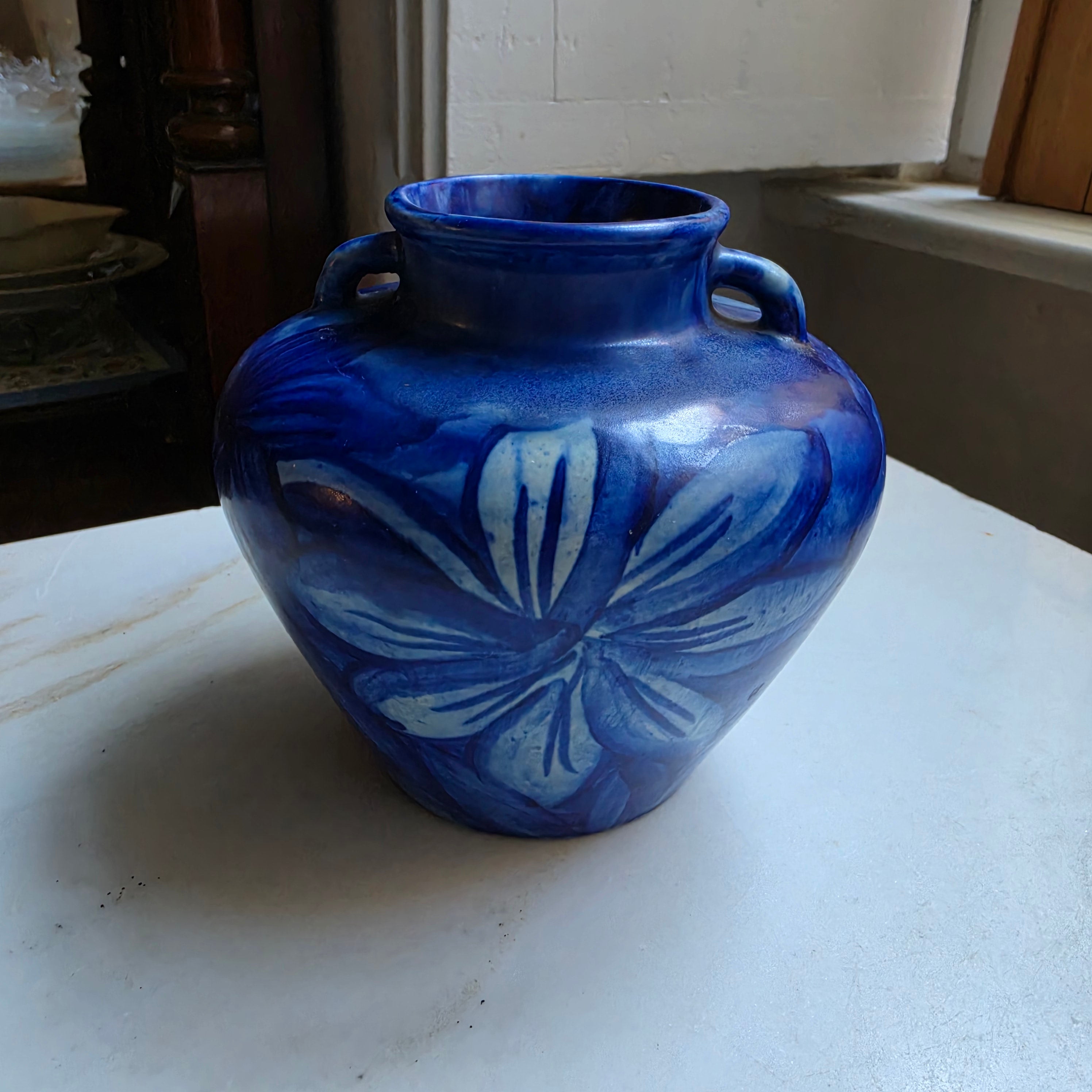 Handgemachte Keramik Vase Handmade Finnland Retro Vintage Blau Lilie
