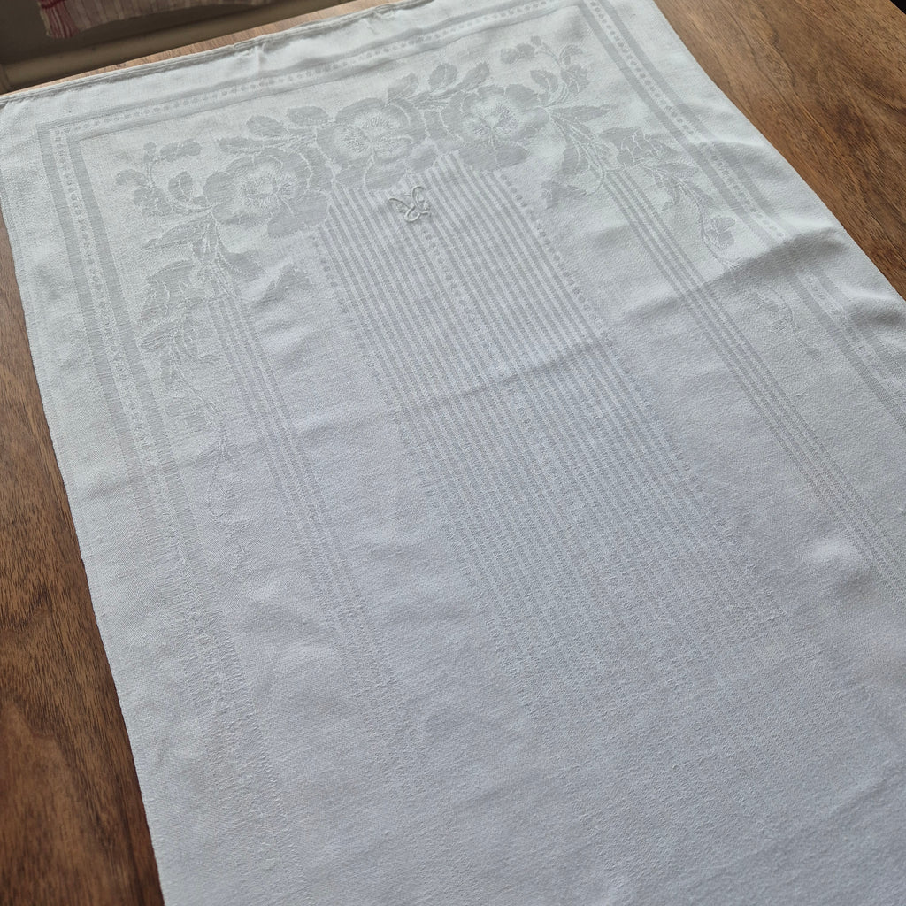 Antikes Jugendstil Küchen-&Geschirrtuch weiß Damast Baumwolle 51x110cm Monogram R.