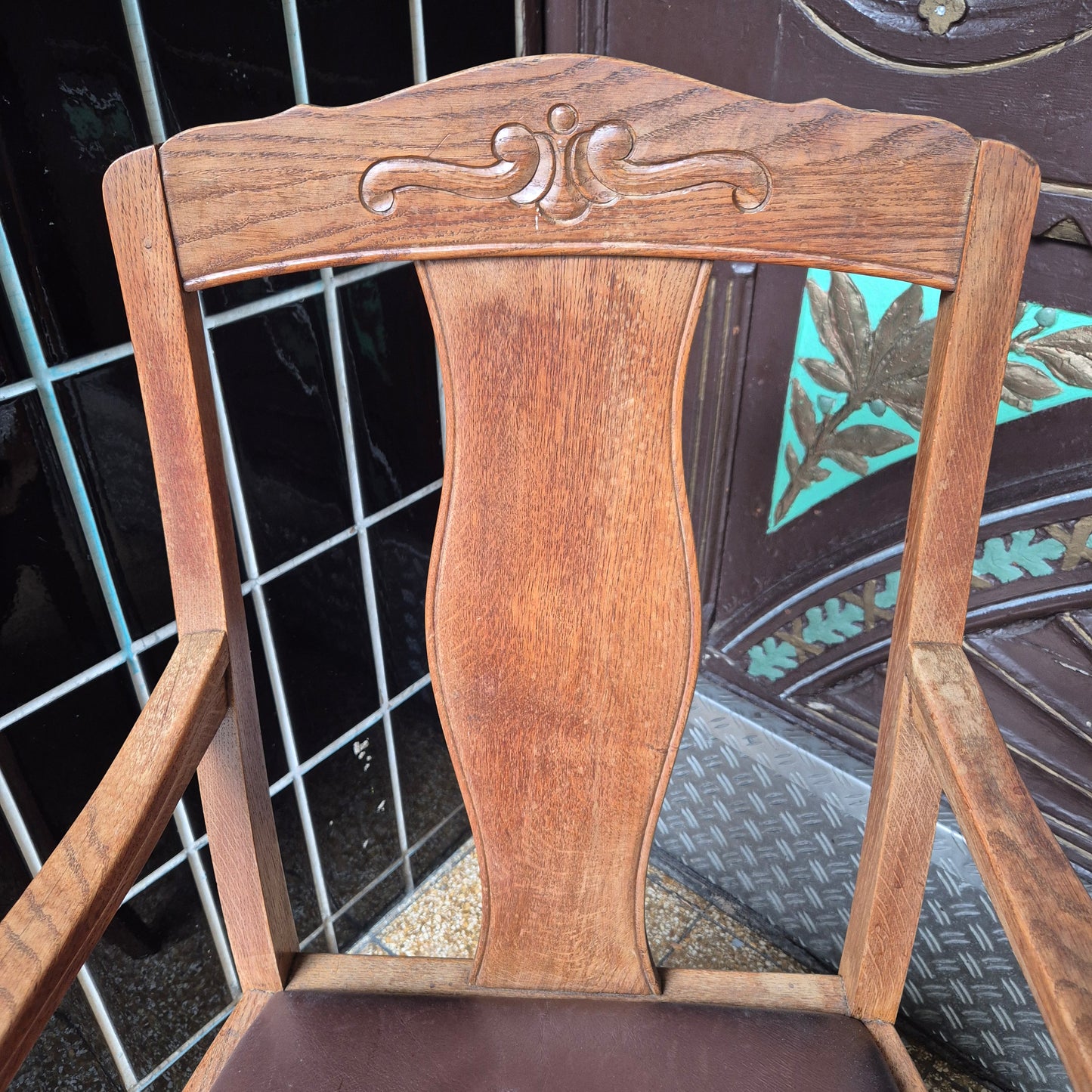 Antiker Armlehnen Stuhl Jugendstil Eichenholz mit Lederpolster Sessel