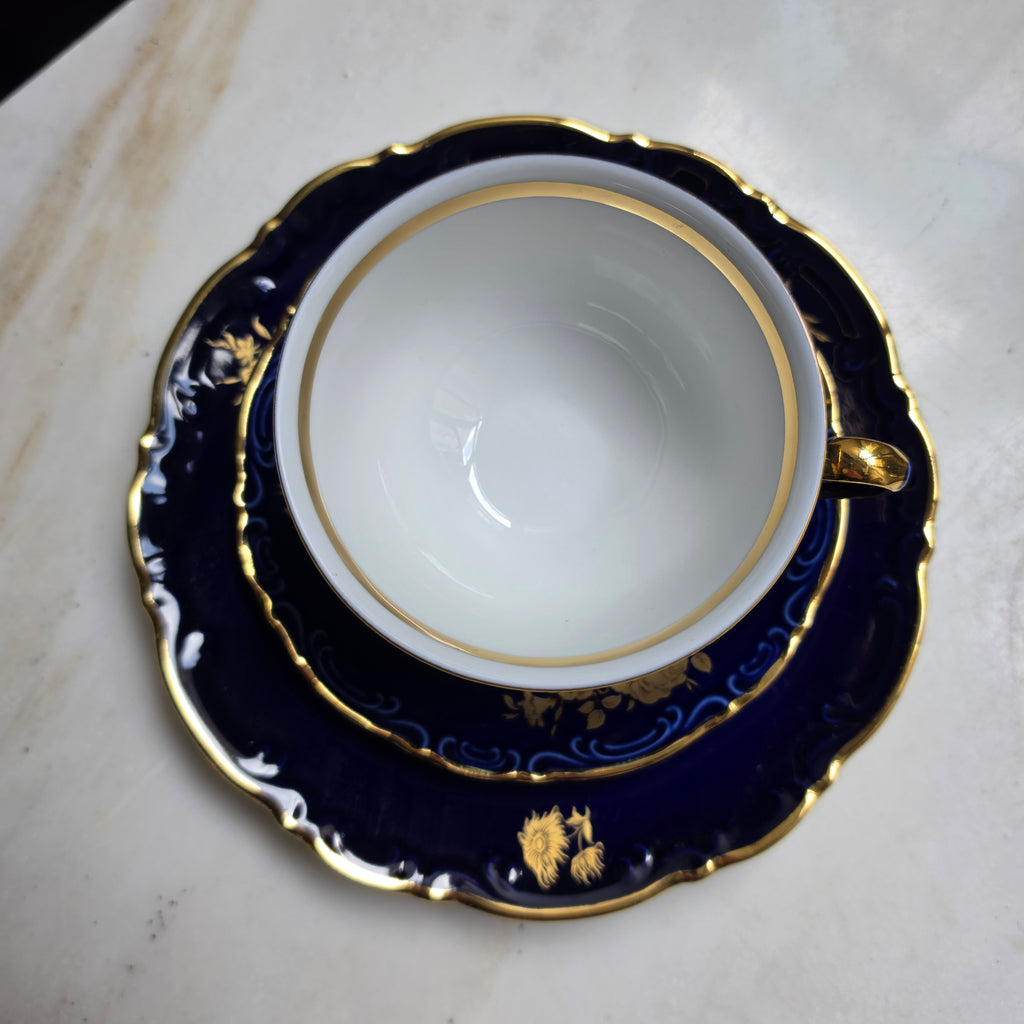 Vintage Mitterteich Bavaria Porzellan Sammelgedeck – Kobaltblau mit Golddekor (3-teilig)