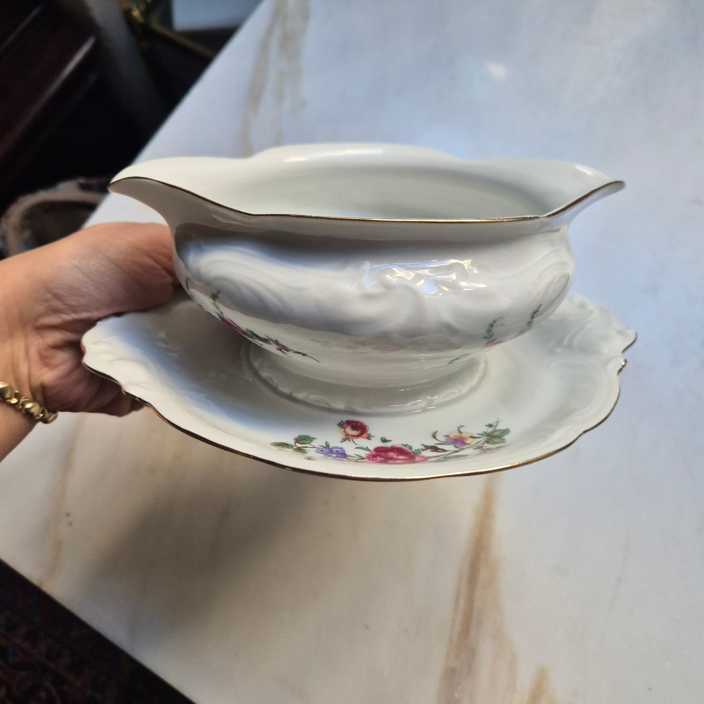 Antike Porzellan Sauciere weiß mit Blumendekor Wawel Polen