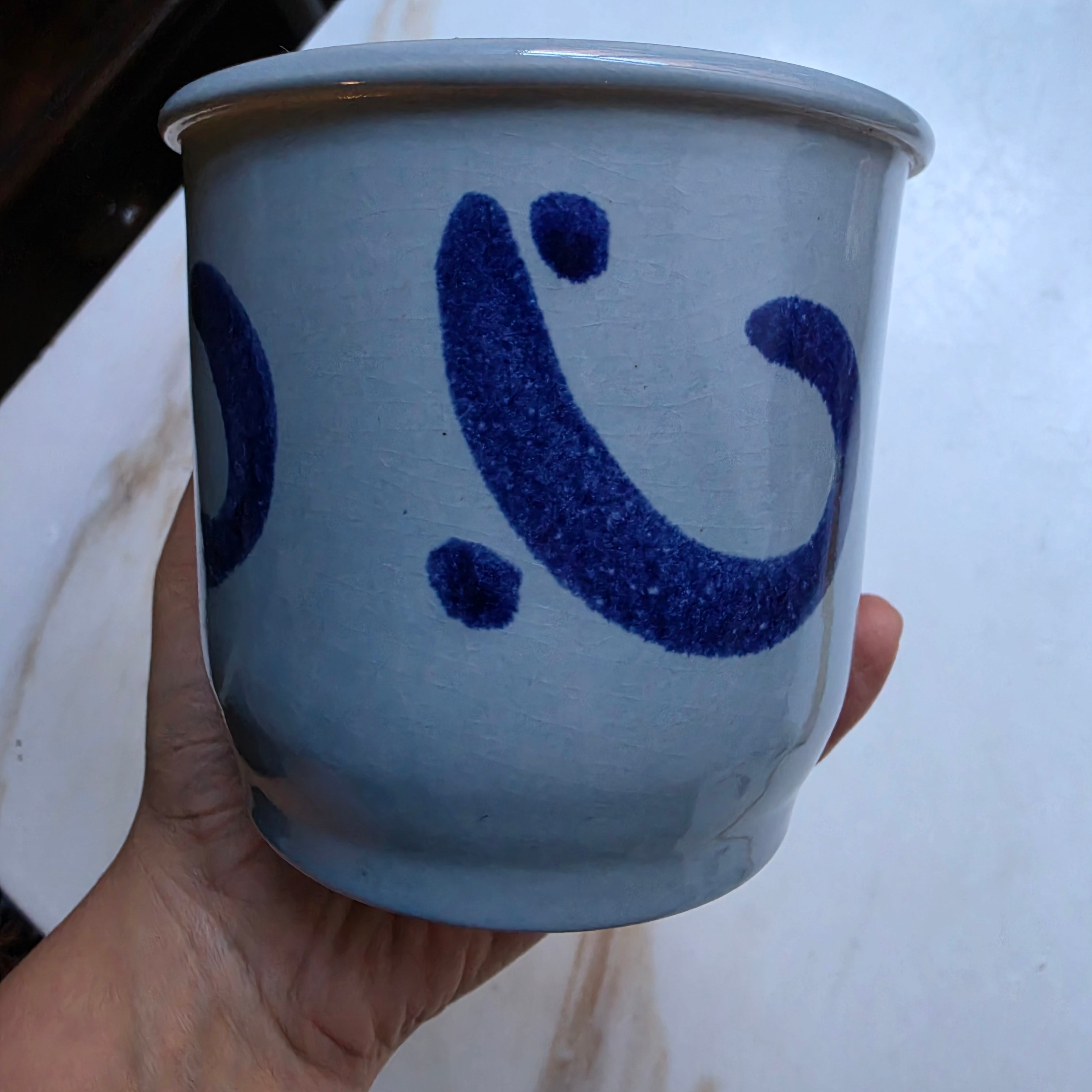Alter Steinzeug Topf Grau Blau Handbemalt