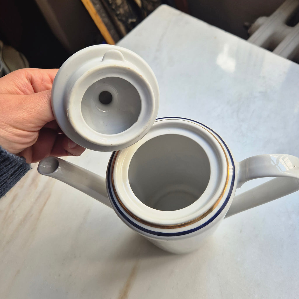 Vintage Kahla Tee Kaffeekanne Kanne weiß blau goldrand