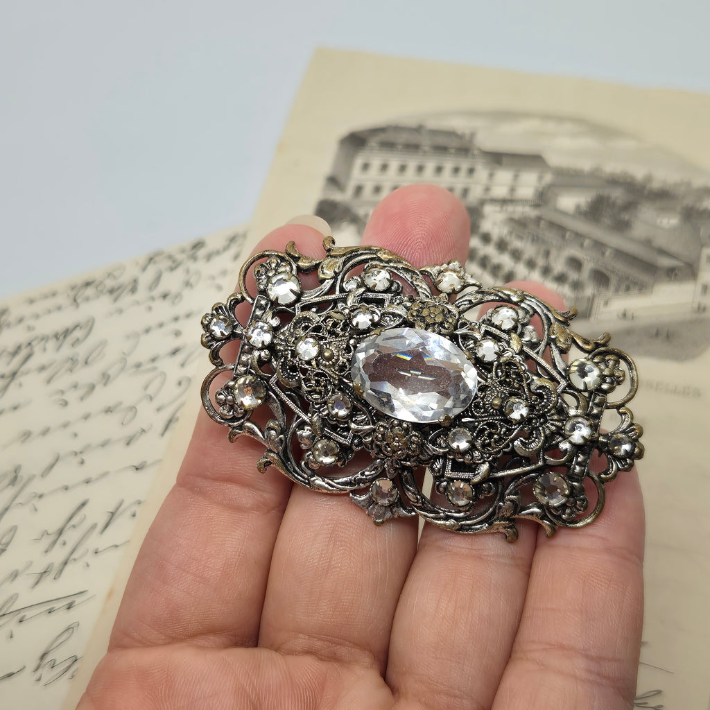 Große Antike Brosche Jugendstil 30er Jahre Strass Silber