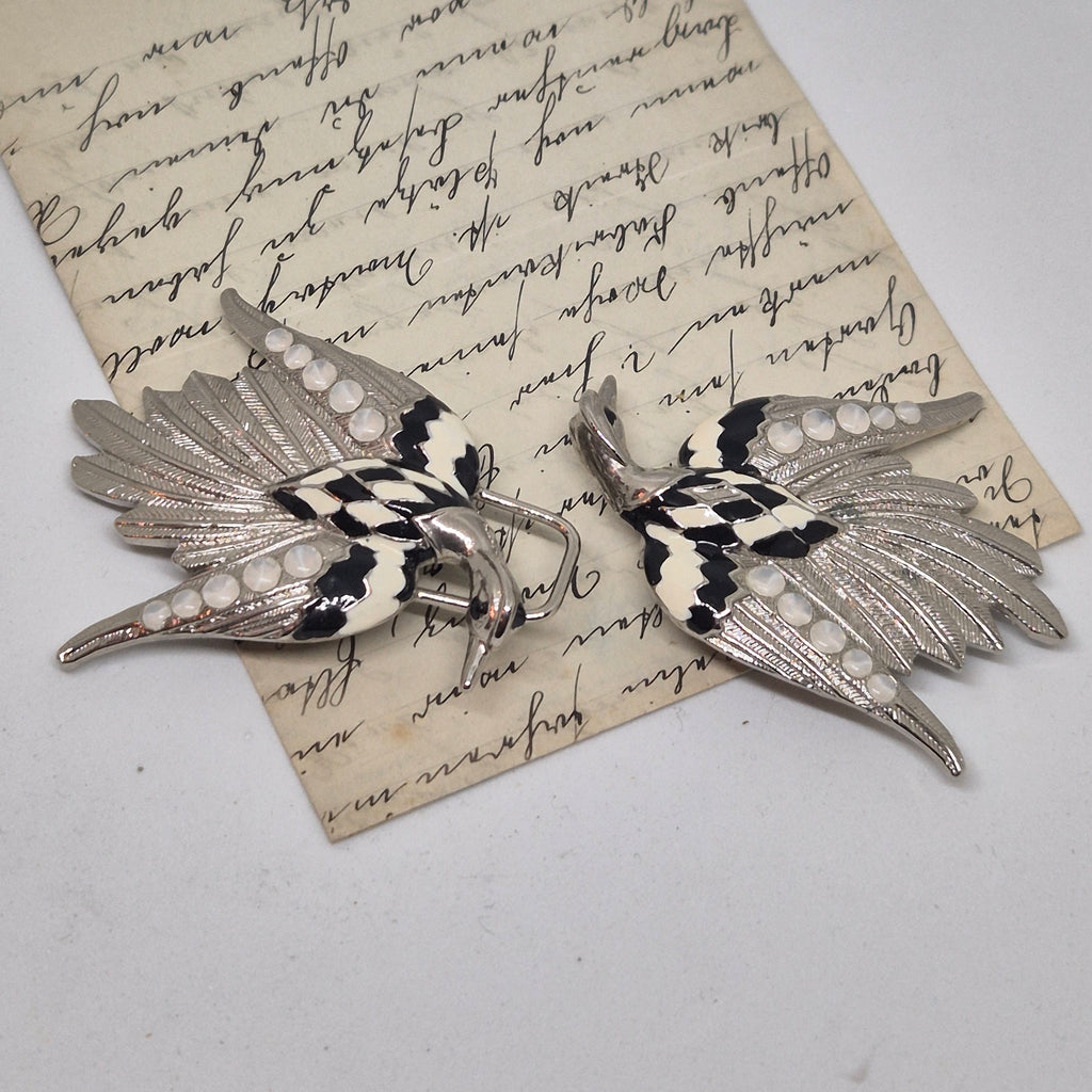 Vintage Gürtelschnalle 2-Teilig Trachtenschnalle Taillengürtel aus den 80ern-Handmade aus Berlin silber weiß schwarz Schwan Kranich Vogel